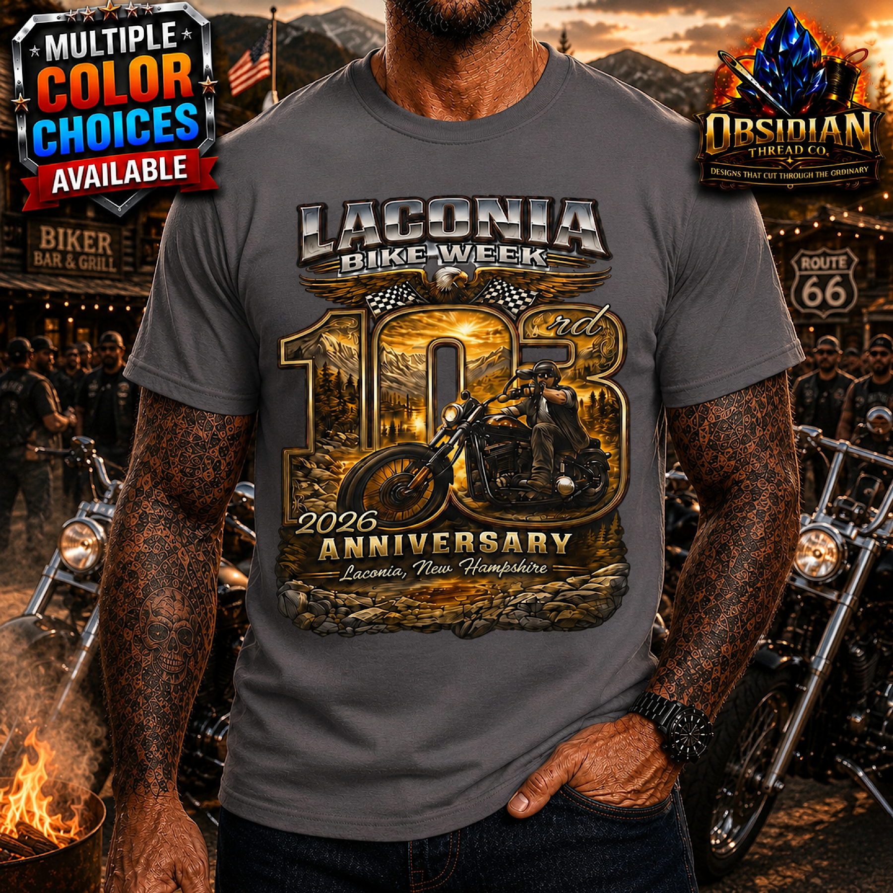 103rd Laconia Bike Week 2026 Weirs Beach NH Motorcycle Rally Shirt No Harley  color preview 3