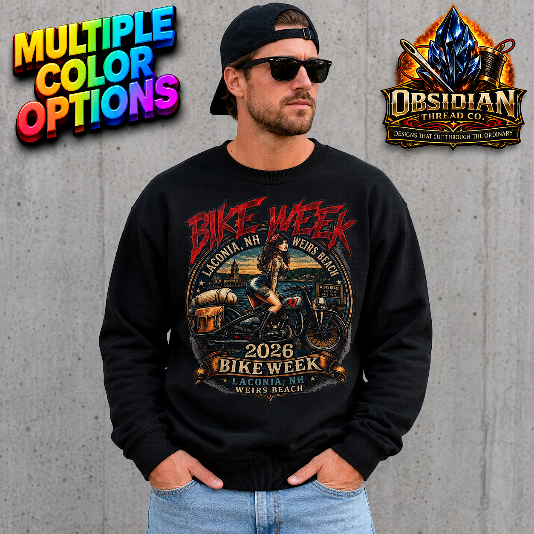 Laconia Bike Week 2026 Weirs Beach NH Motorcycle Rally Heavyweight Sweatshirt color preview 3