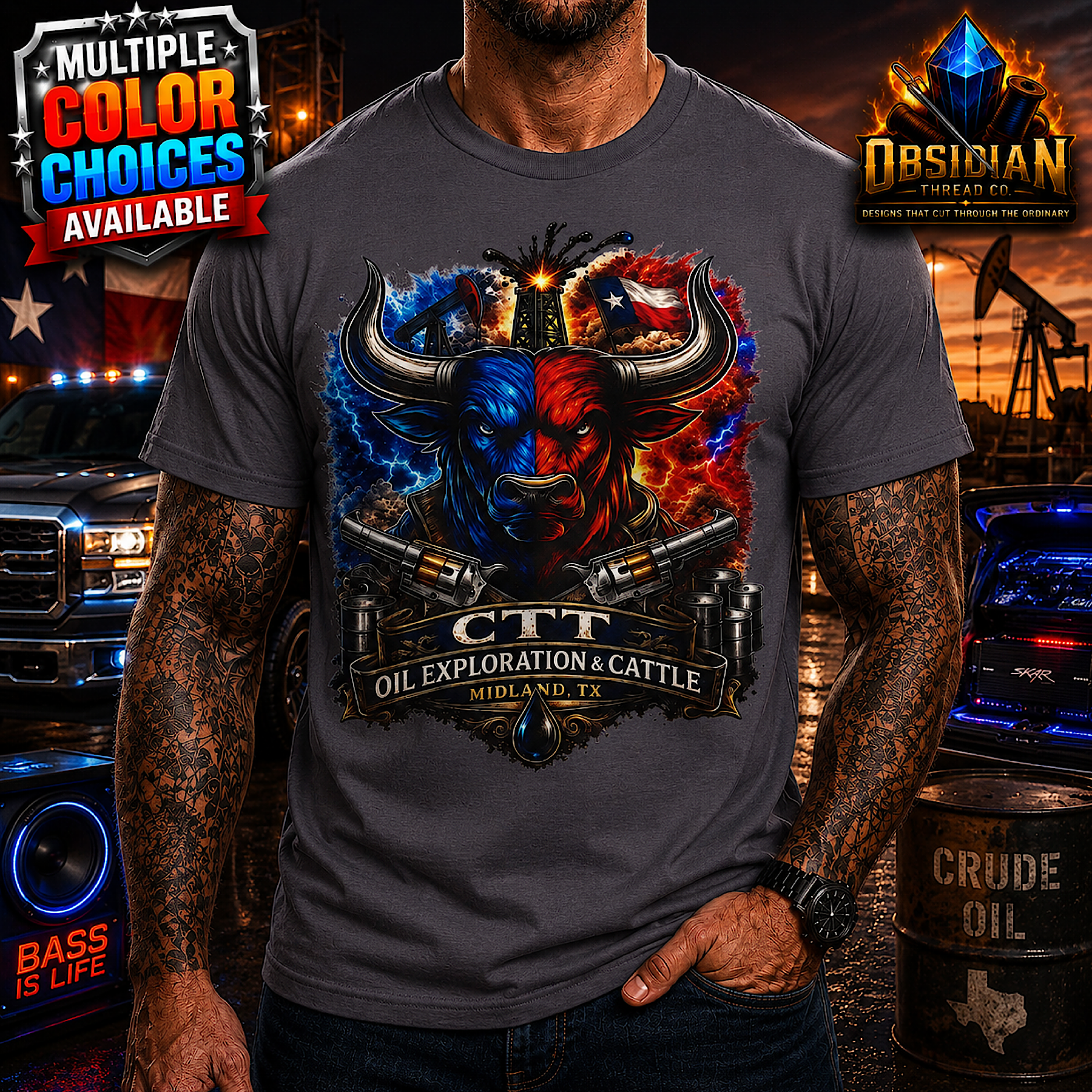 CTT Oil Exploration & Cattle Texas M-Tex Oil Company Landman Patch Cafe T-Shirt color preview 2
