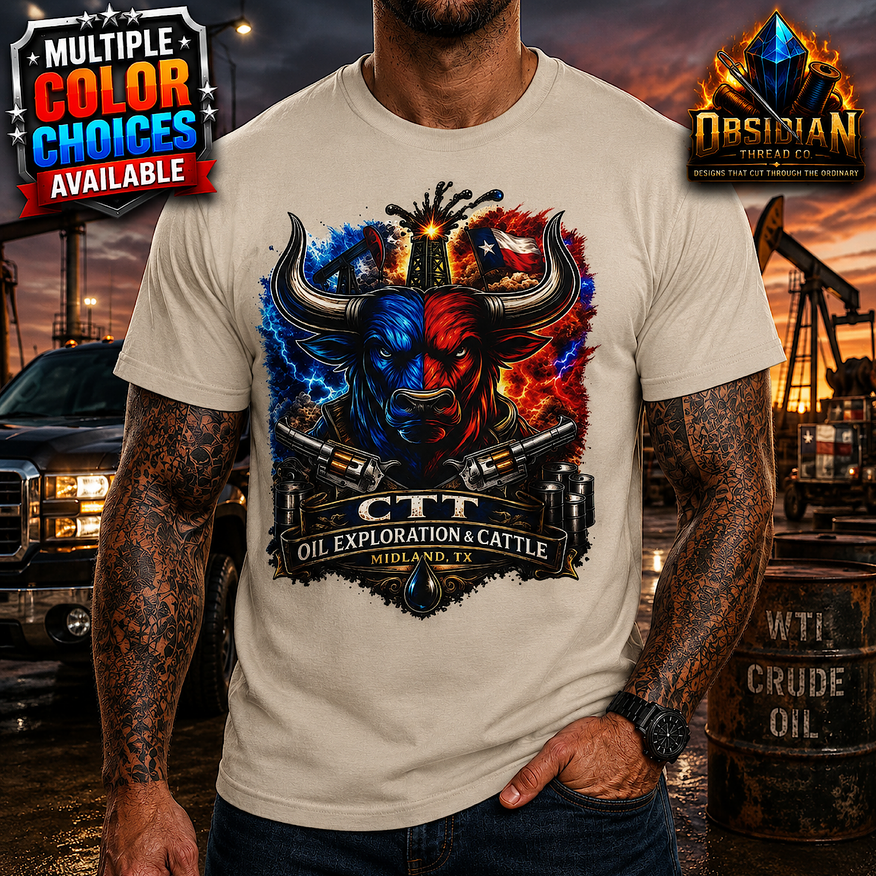 CTT Oil Exploration & Cattle Texas M-Tex Oil Company Landman Patch Cafe T-Shirt color preview 3
