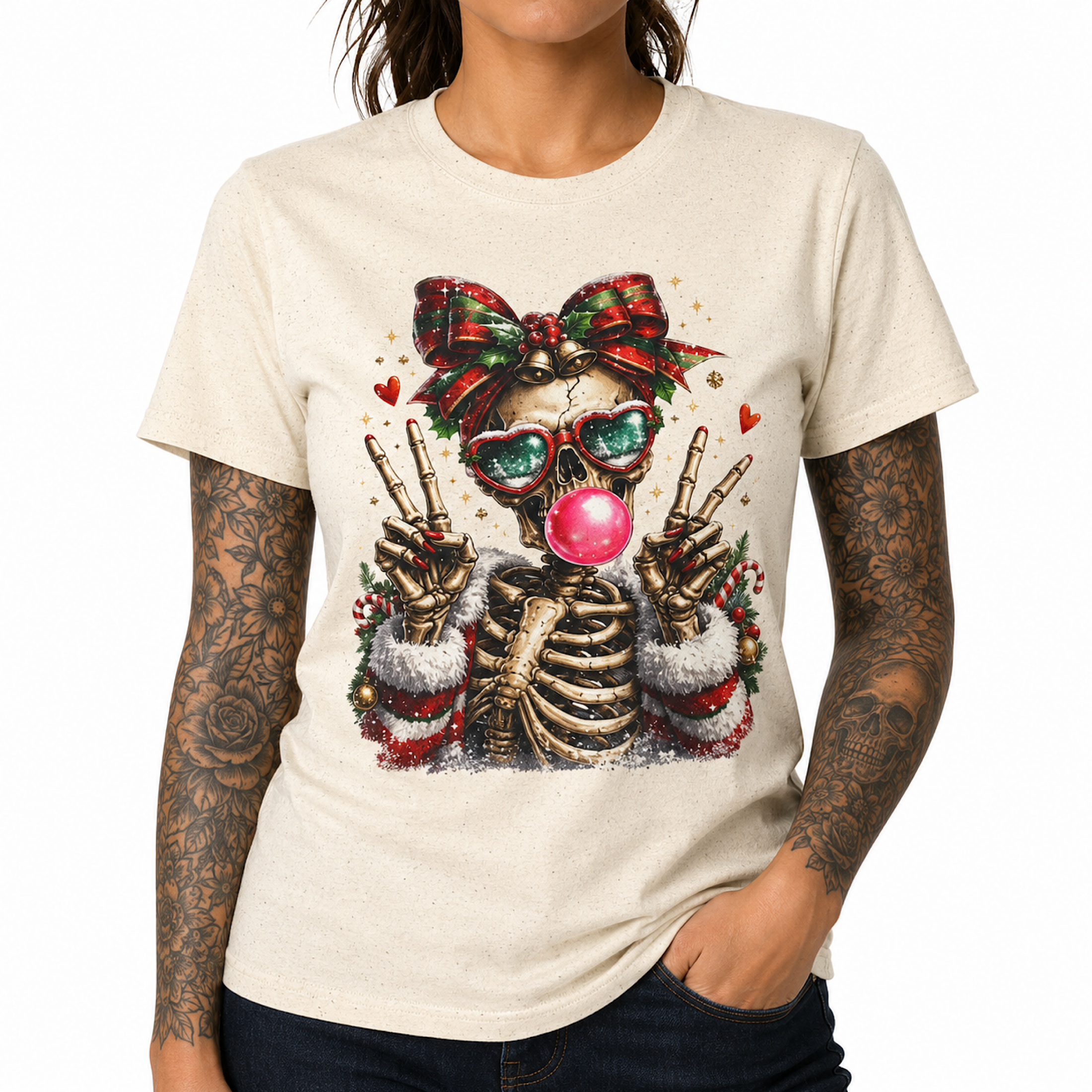 Funny Christmas Skeleton Bubble Gum Skull Xmas Graphic T-Shirt for Women product preview
