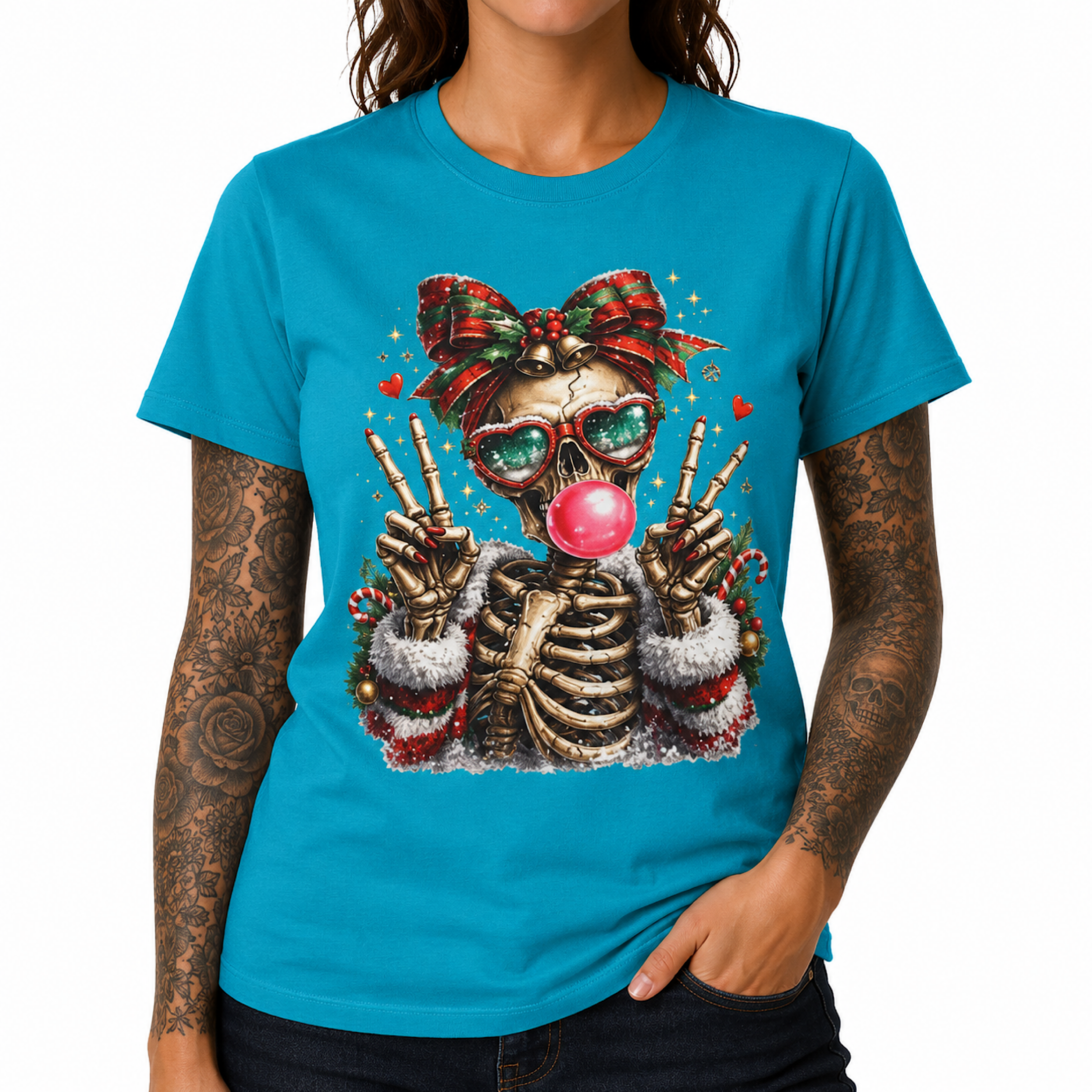 Funny Christmas Skeleton Bubble Gum Skull Xmas Graphic T-Shirt for Women color preview 2