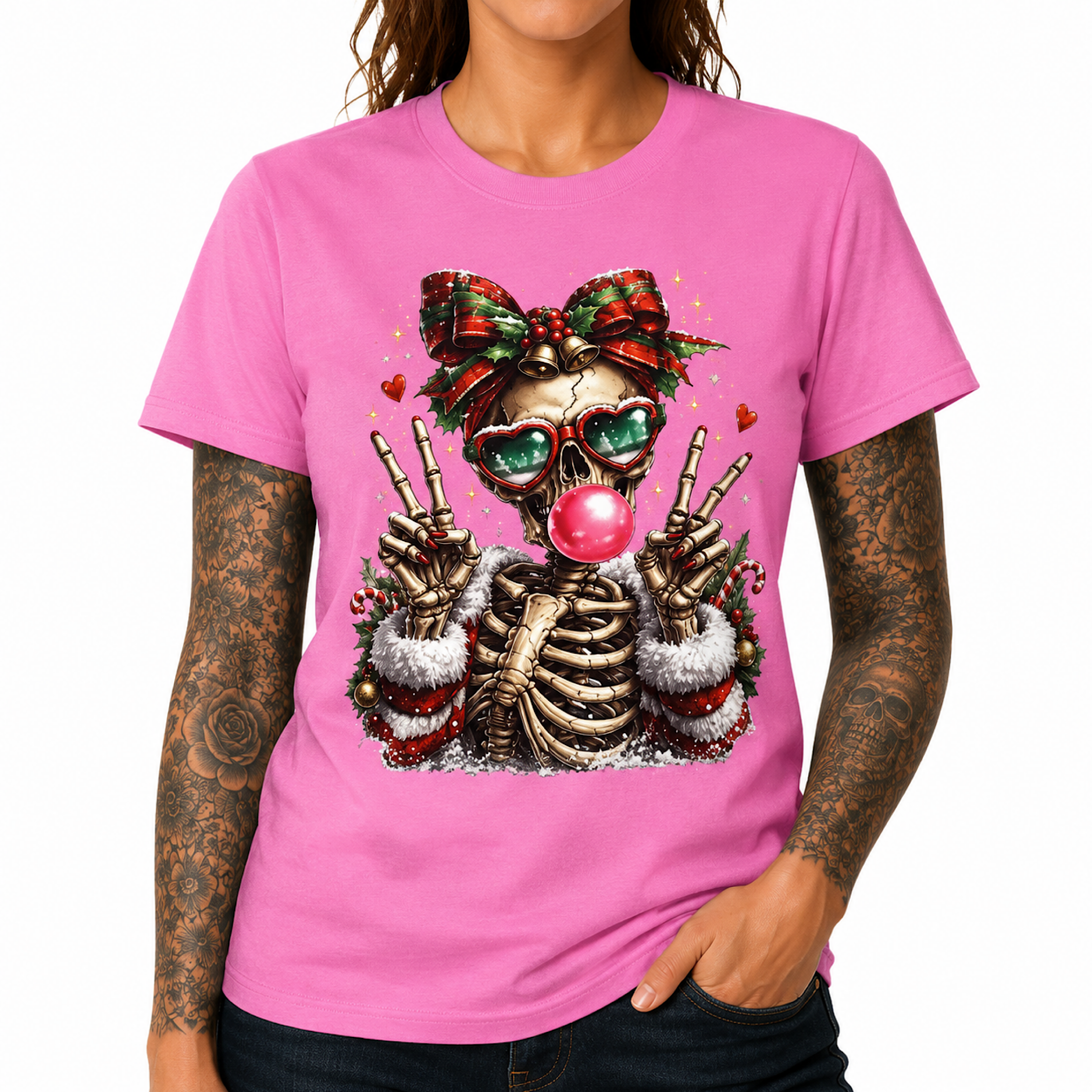 Funny Christmas Skeleton Bubble Gum Skull Xmas Graphic T-Shirt for Women color preview 4