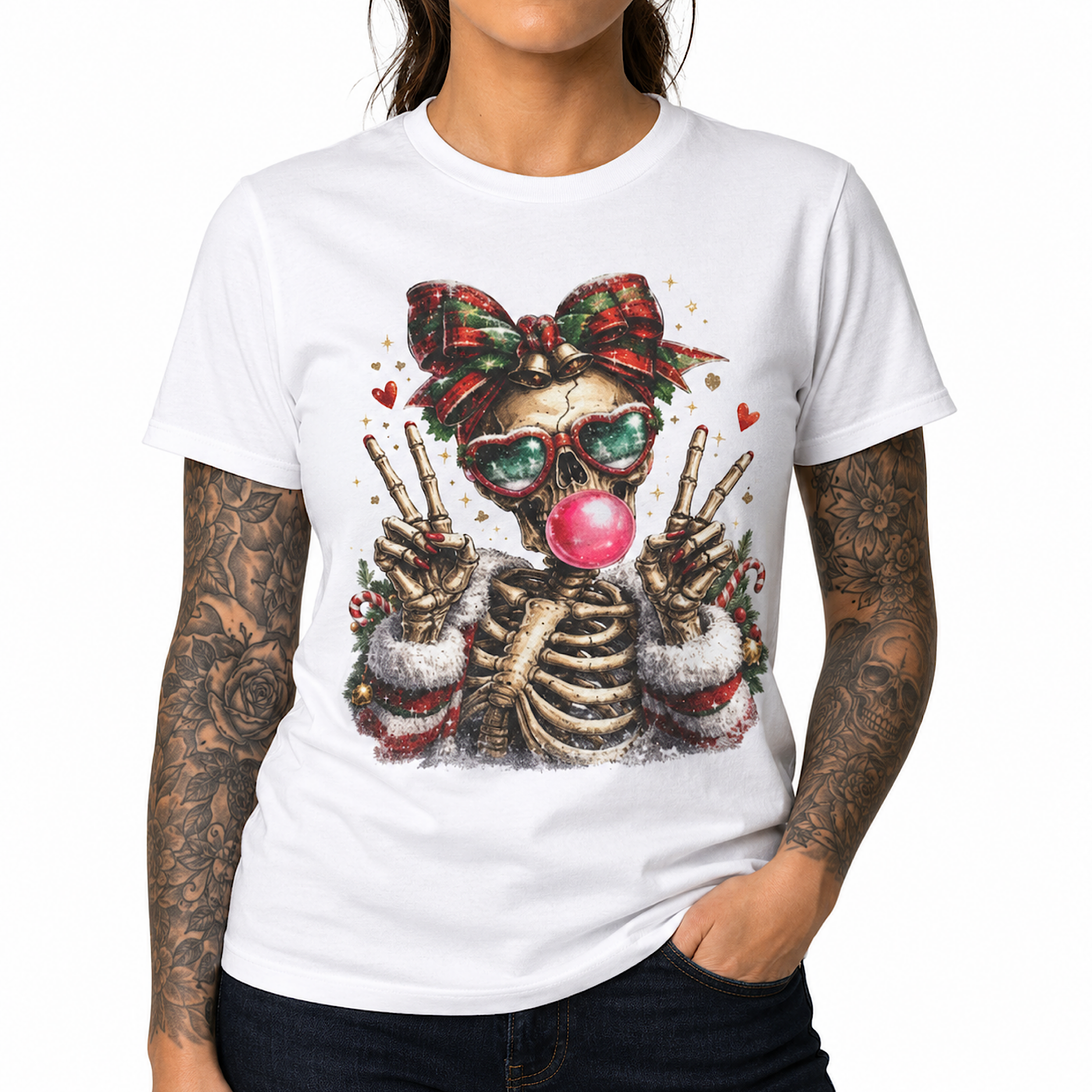 Funny Christmas Skeleton Bubble Gum Skull Xmas Graphic T-Shirt for Women color preview 3