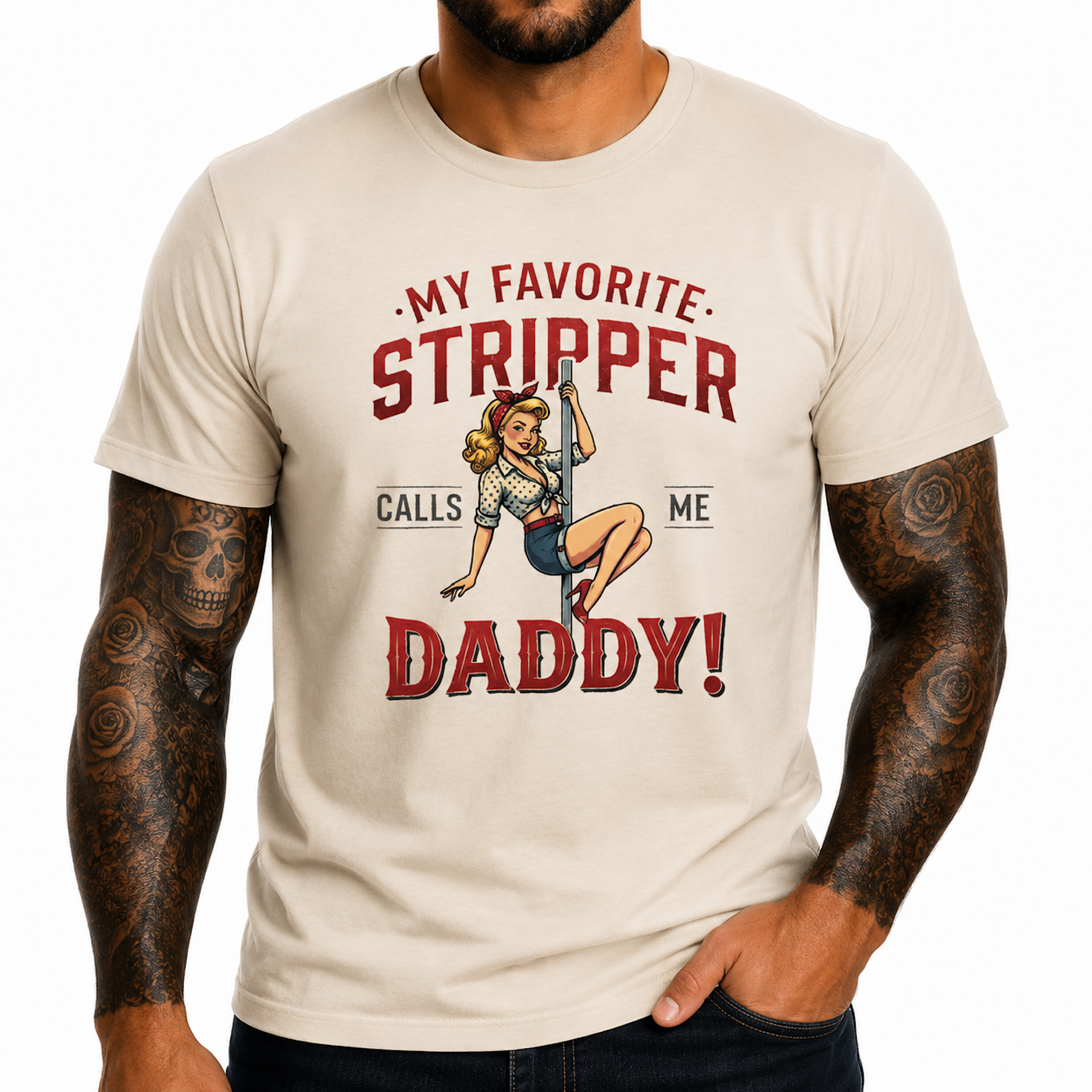 Funny My Favorite Stripper Calls Me Daddy Vintage Pin Up Girl Biker T-Shirt color preview 4