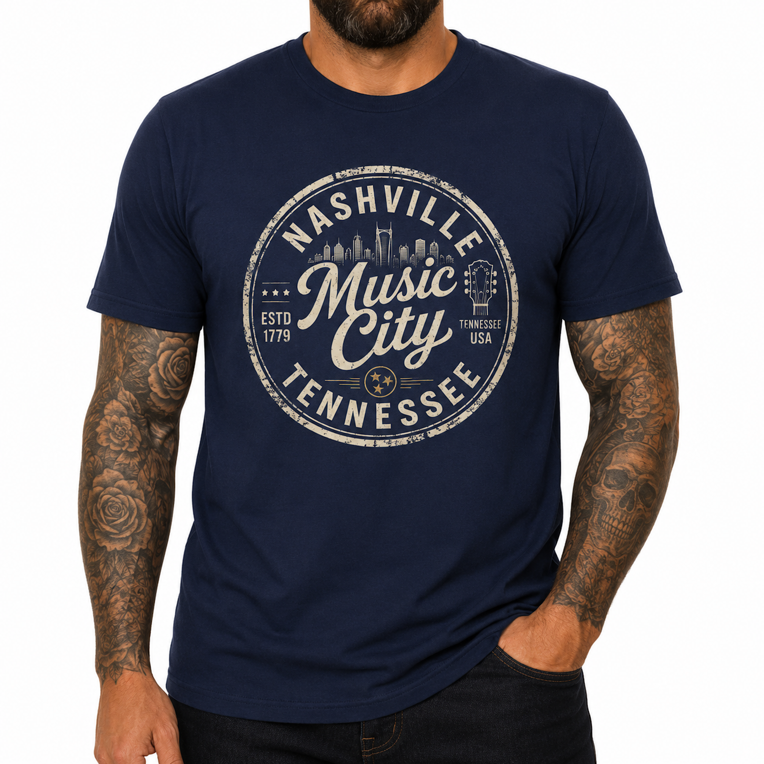 Nashville Tennessee Vintage Guitar Skyline Retro Country Music Graphic T-Shirt product preview