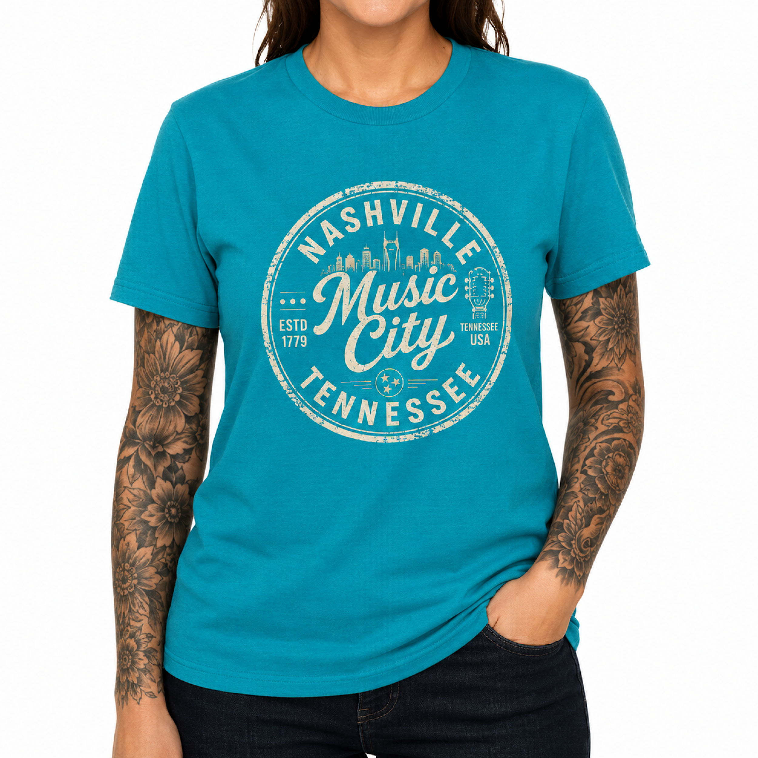 Nashville Tennessee Vintage Guitar Skyline Retro Country Music Graphic T-Shirt color preview 3