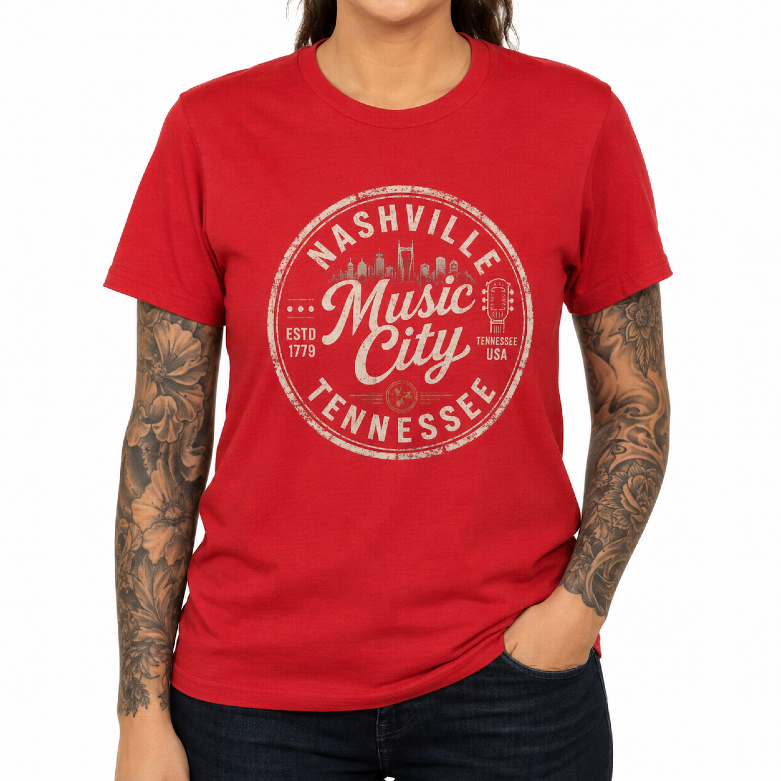 Nashville Tennessee Vintage Guitar Skyline Retro Country Music Graphic T-Shirt color preview 2
