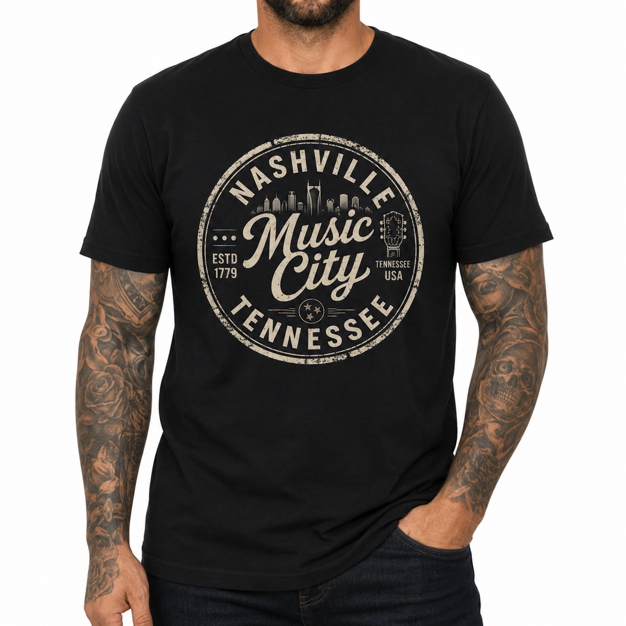 Nashville Tennessee Vintage Guitar Skyline Retro Country Music Graphic T-Shirt color preview 4