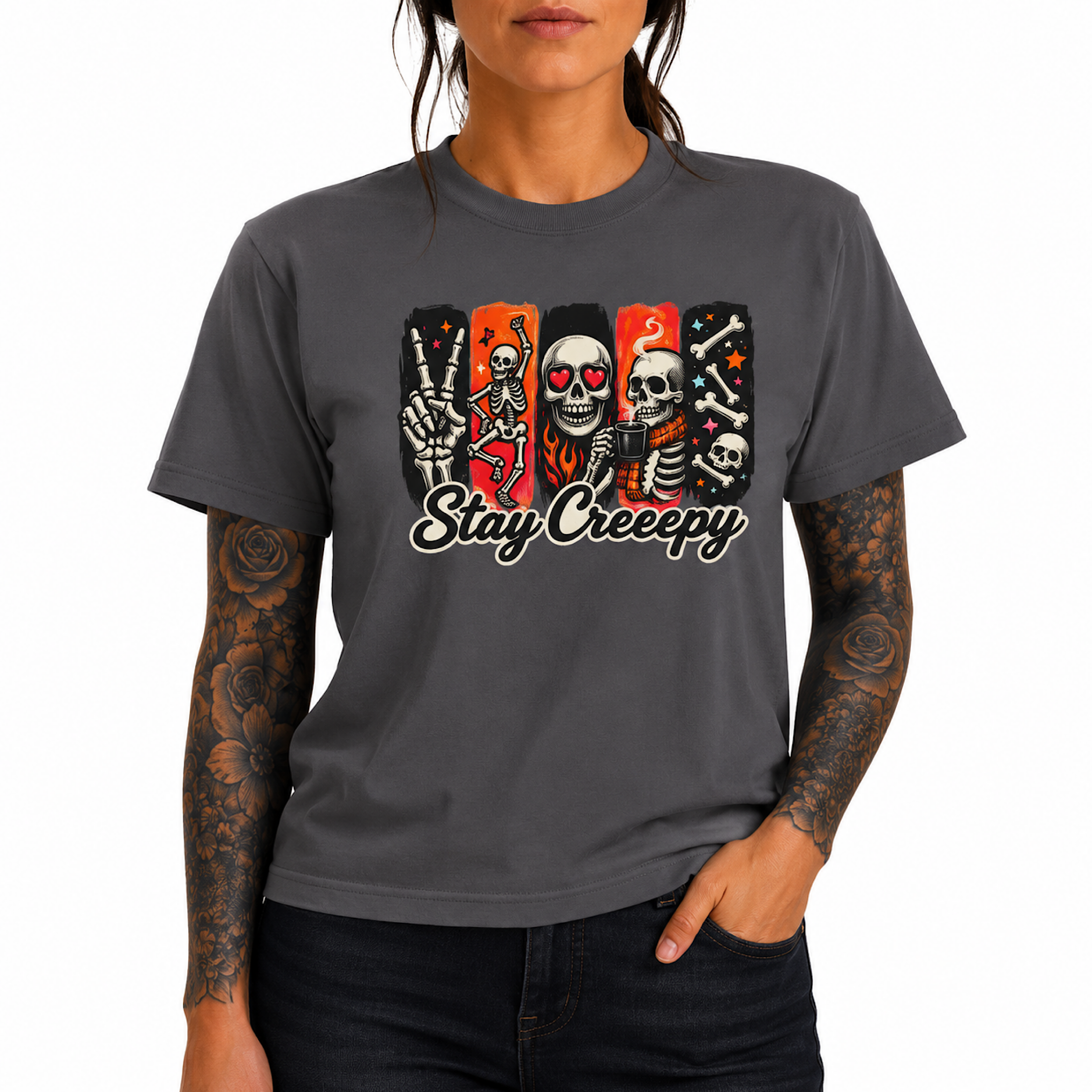 Stay Creepy Summerween Skeleton Halloween Shirt Funny Spooky Season color preview 3