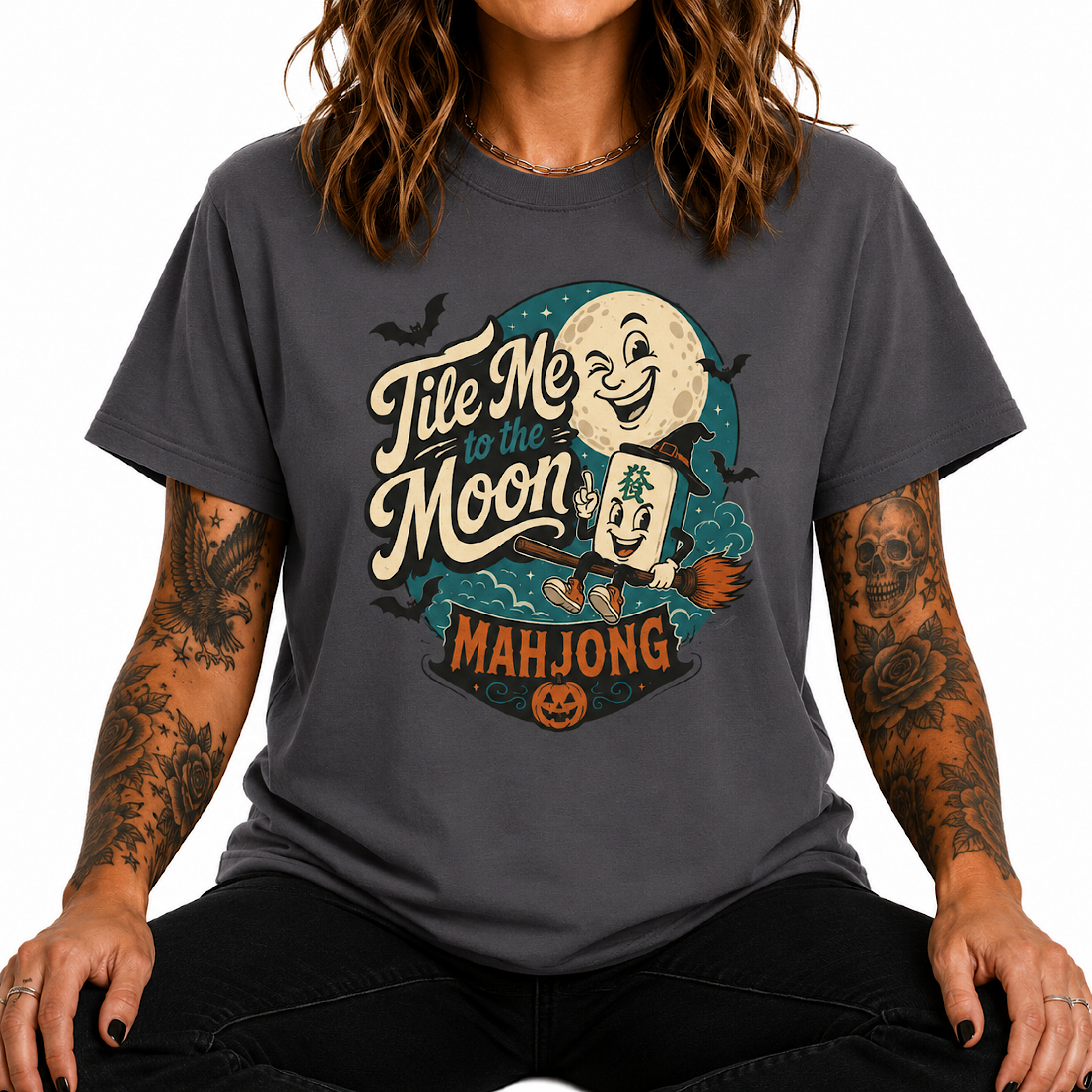 Tile Me to the Moon Mahjong Halloween Shirt Funny Spooky Game Night Tee color preview 3