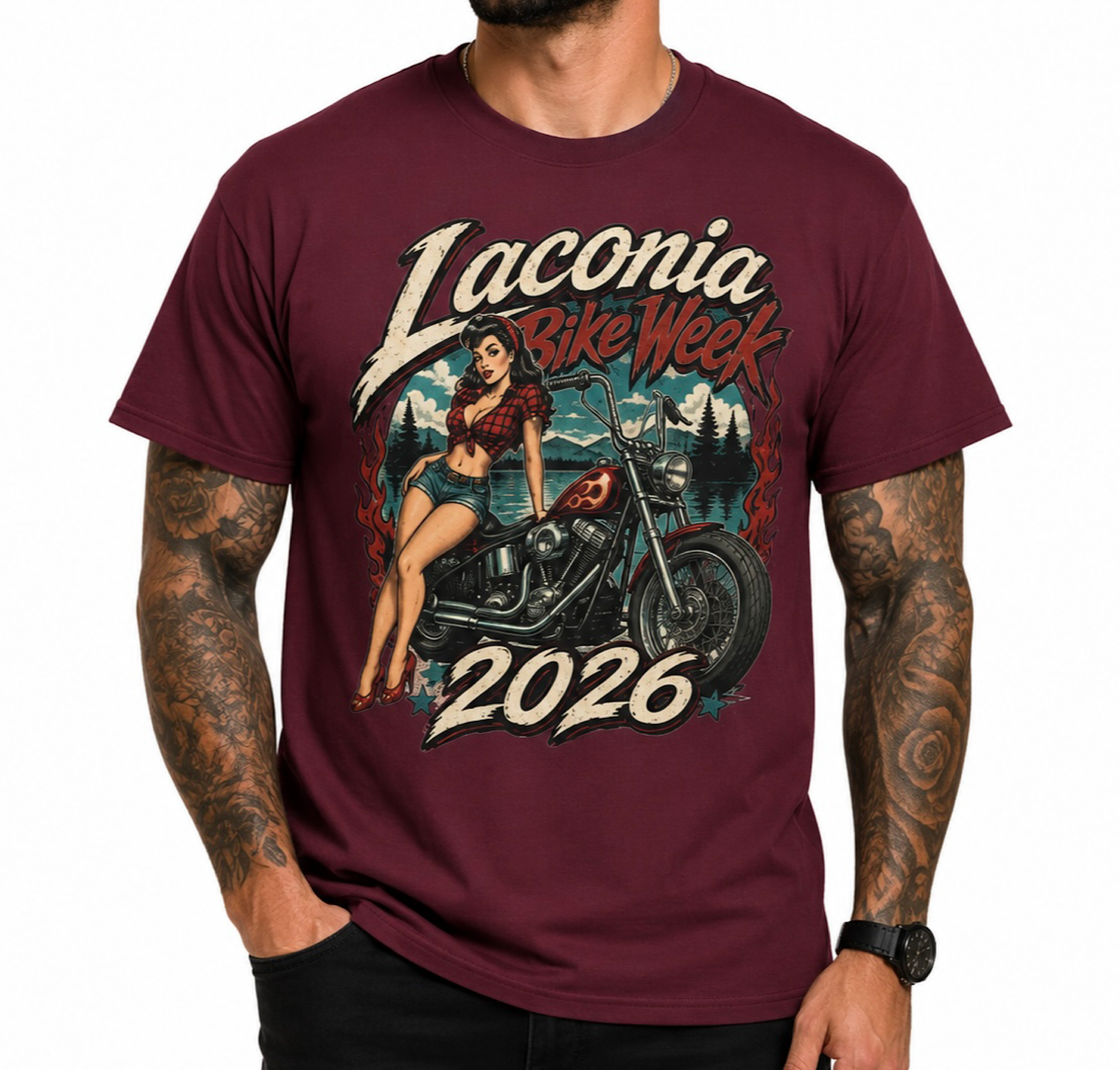 Laconia Bike Week 2026 Pin Up Girl Motorcycle Rally New Hampshire Shirt color preview 4