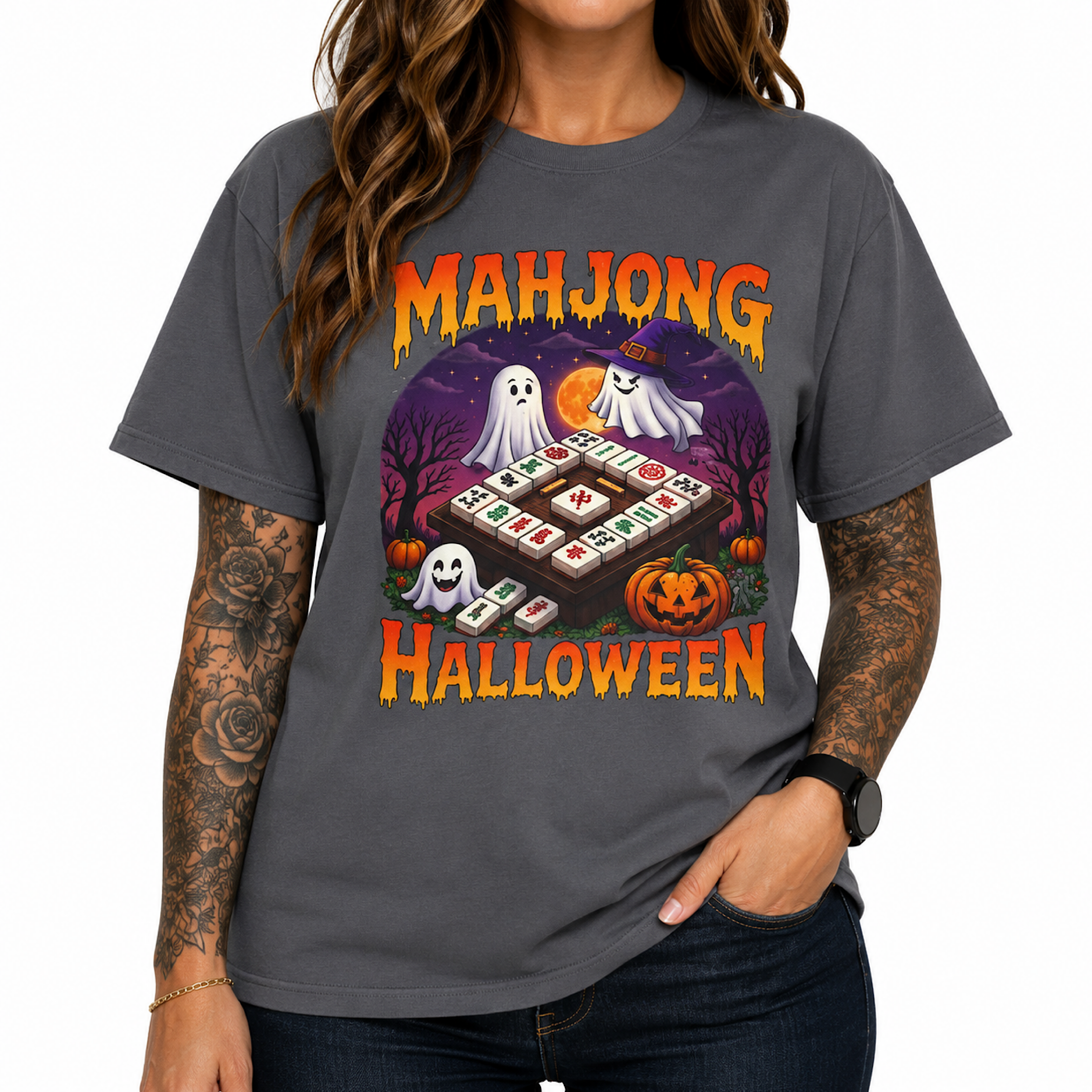 Mahjong Halloween Shirt Ghost Pumpkin Spooky Summerween Graphic Tee color preview 3