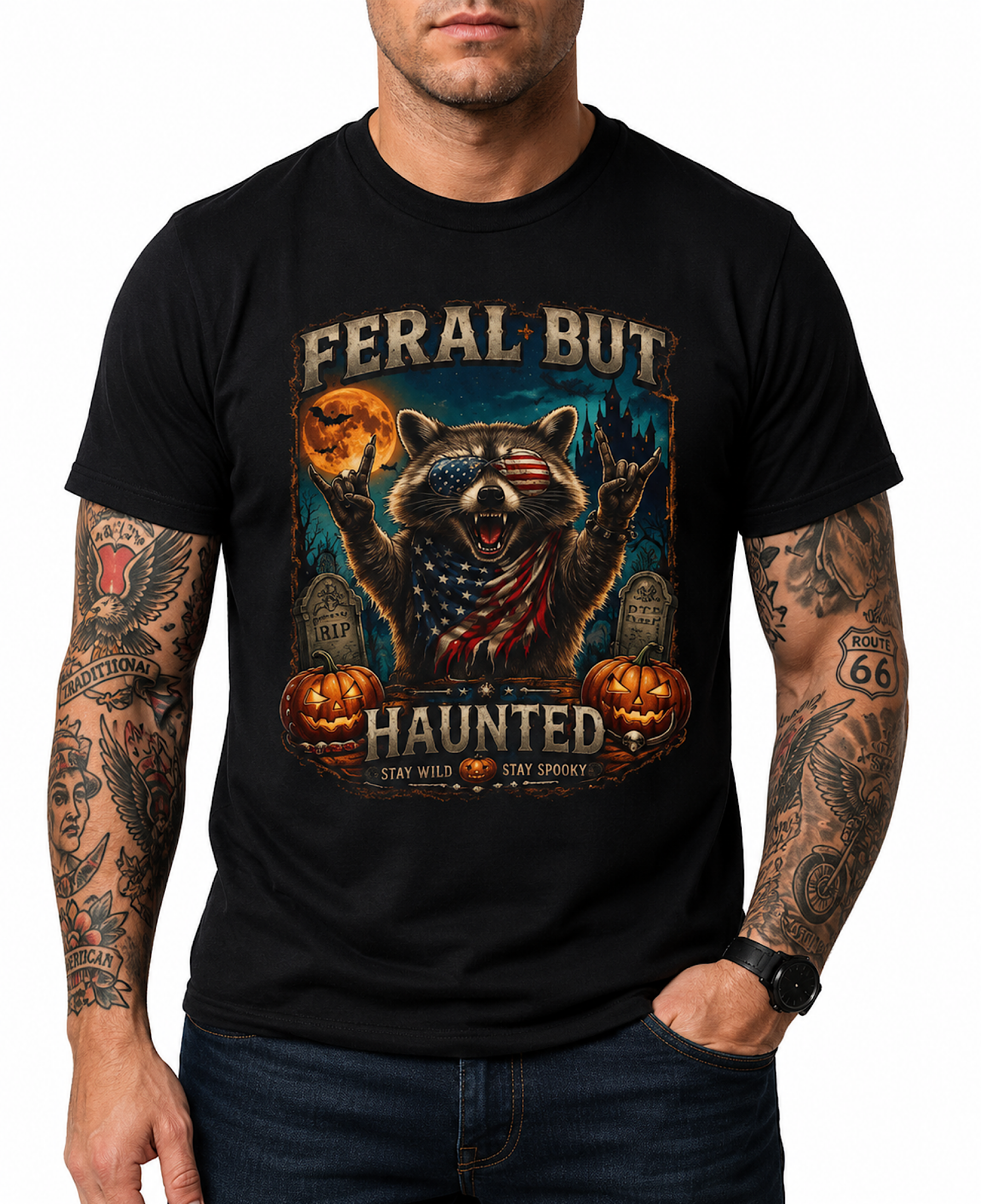 Feral But Haunted Raccoon Halloween Shirt Funny Spooky Fall Graphic Tee product preview
