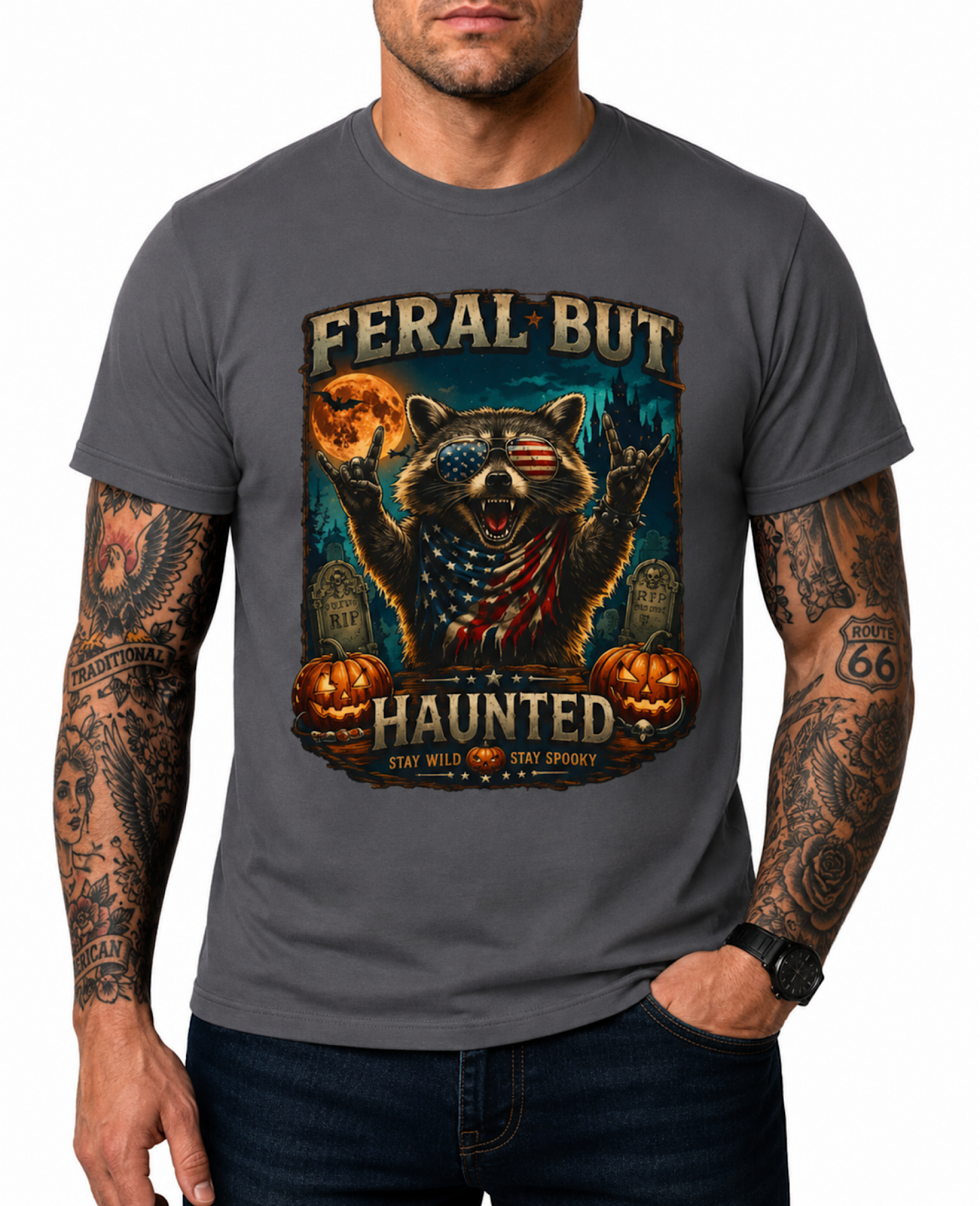 Feral But Haunted Raccoon Halloween Shirt Funny Spooky Fall Graphic Tee color preview 2