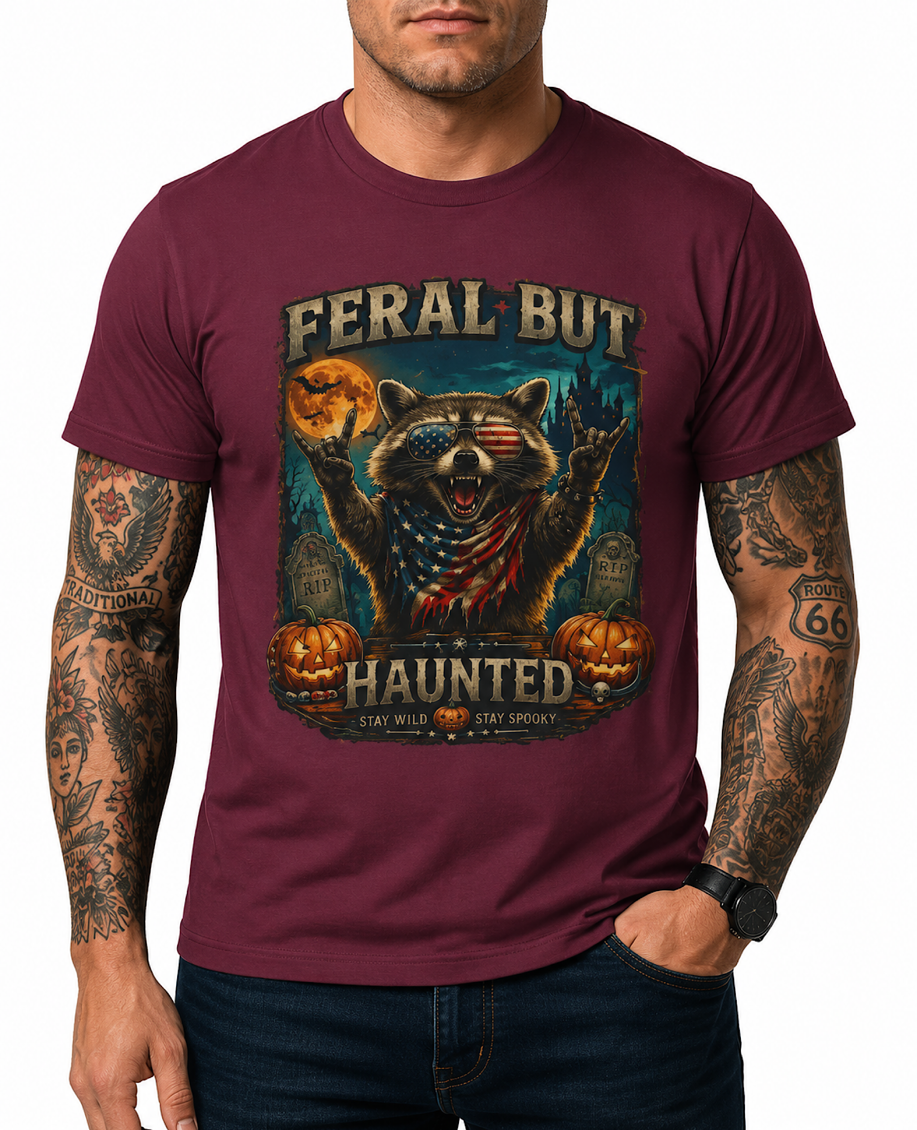 Feral But Haunted Raccoon Halloween Shirt Funny Spooky Fall Graphic Tee color preview 4