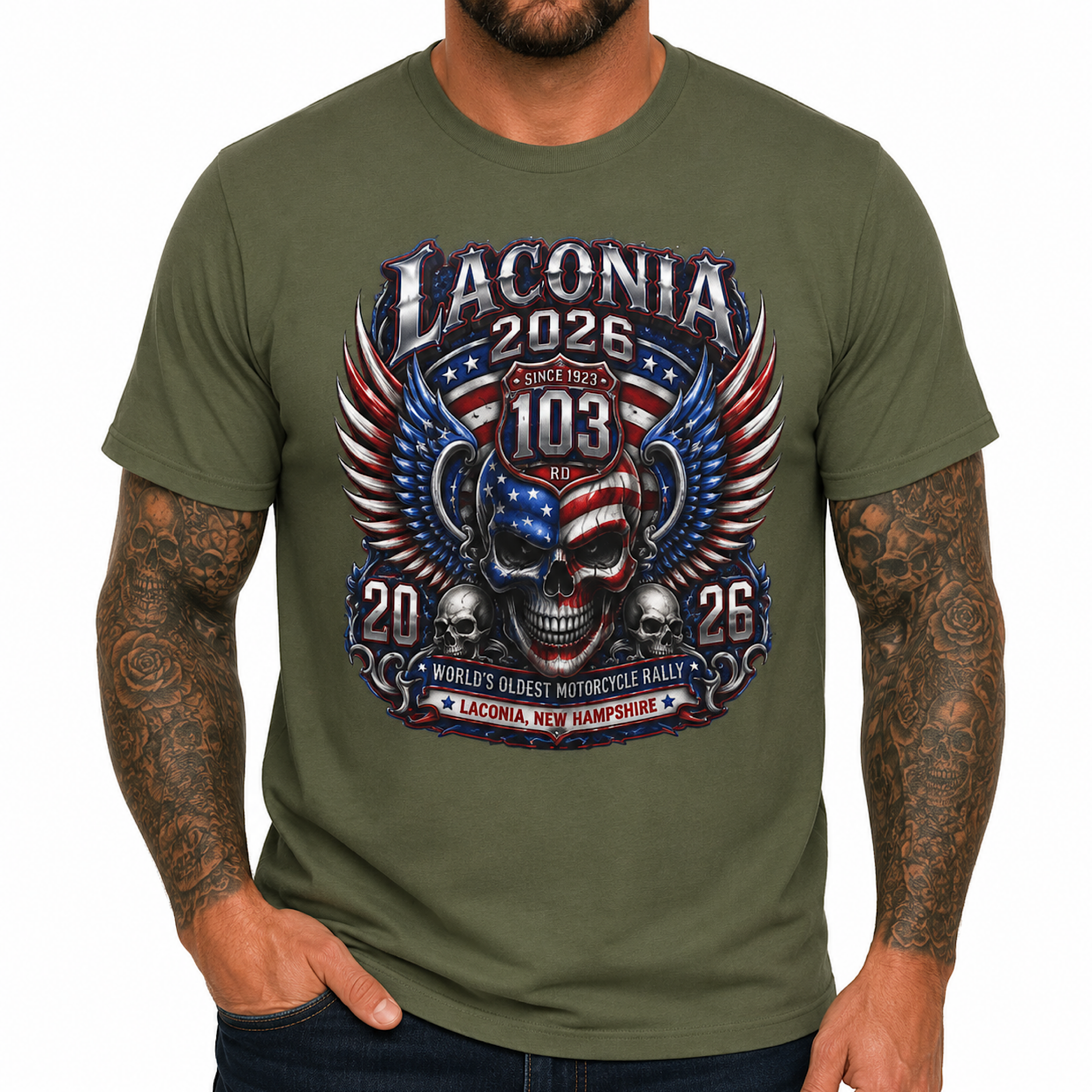 Laconia Bike Week 2026 Shirt 103rd Anniversary New Hampshire Biker Tee artwork detail