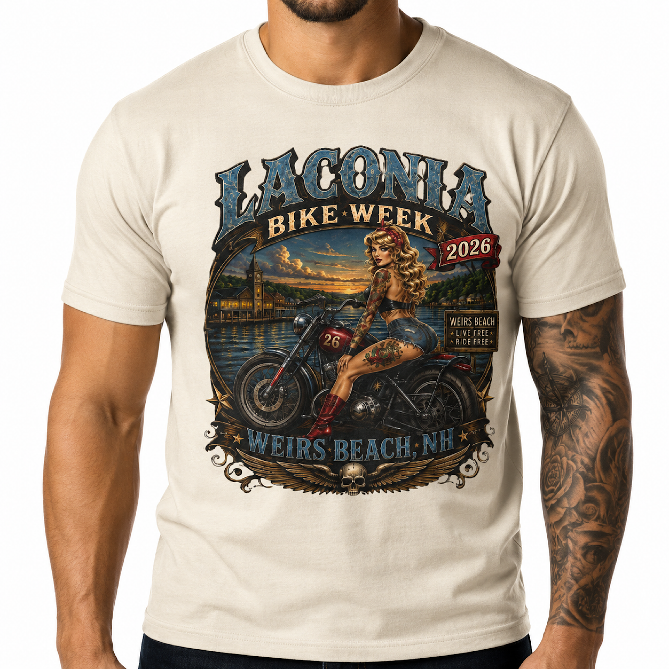 Laconia Bike Week 2026 Weirs Beach NH Motorcycle Rally Biker T-Shirt color preview 3