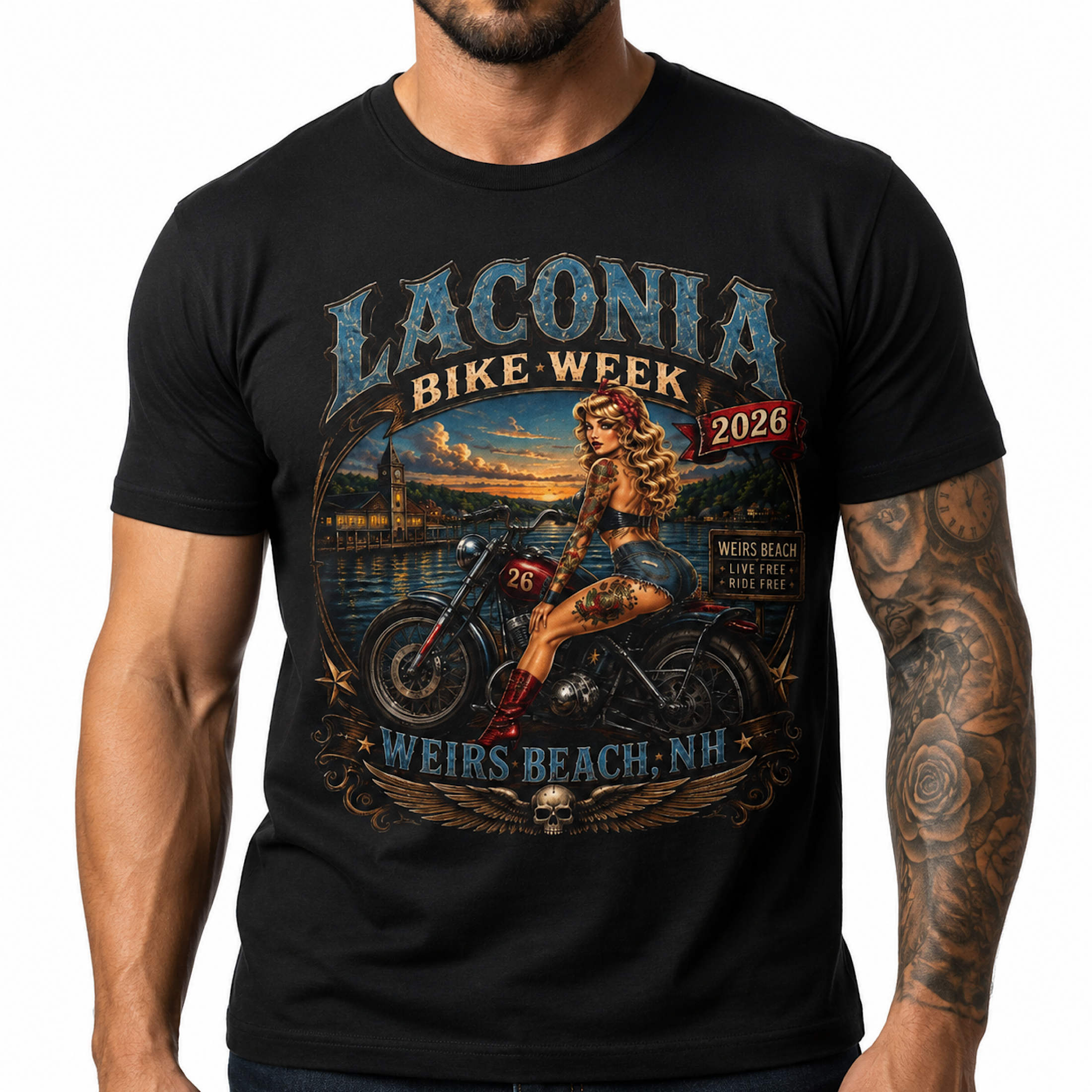 Laconia Bike Week 2026 Weirs Beach NH Motorcycle Rally Biker T-Shirt color preview 4