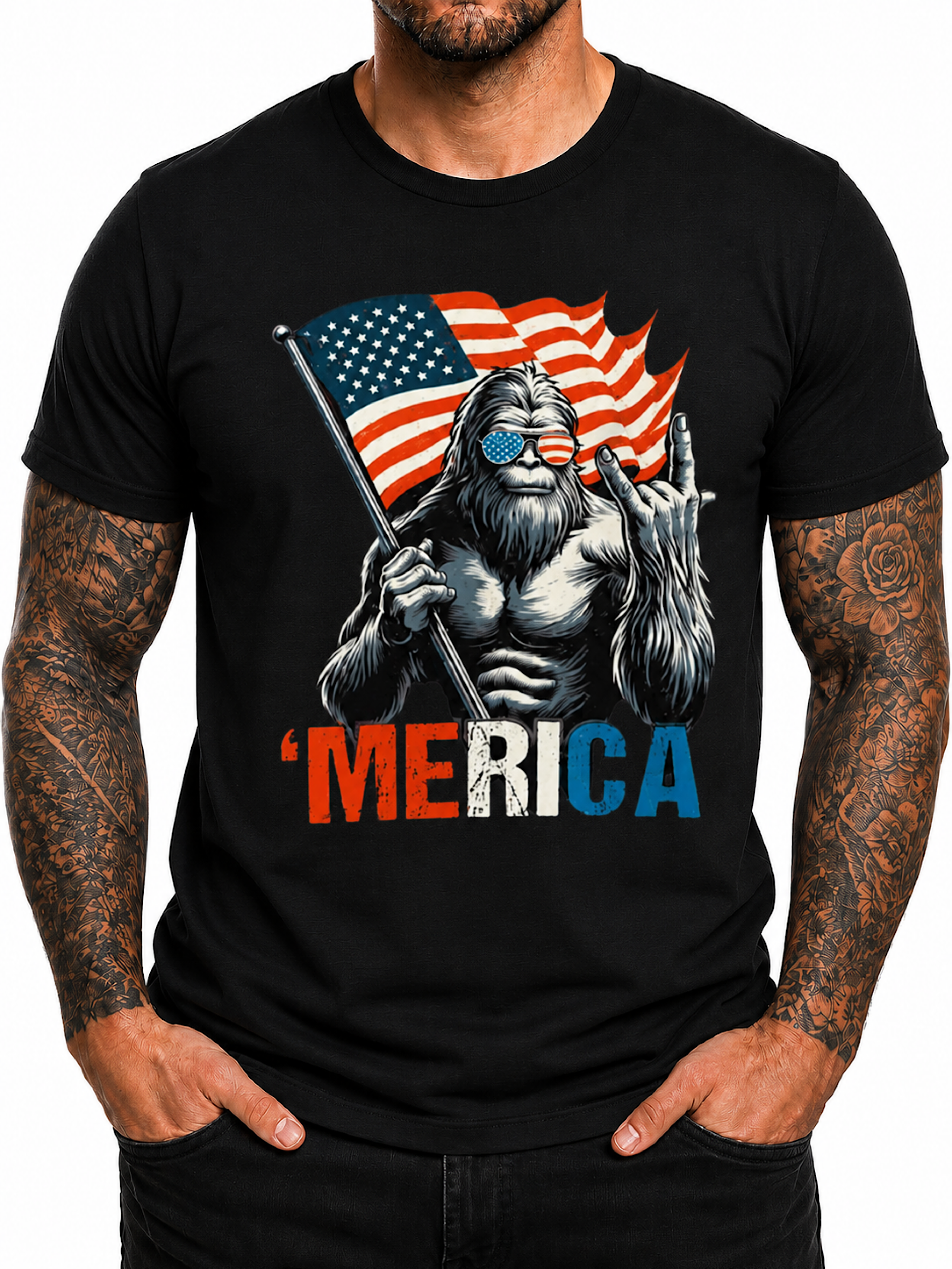 Funny Bigfoot ’Merica American Flag Patriotic Sasquatch 4th of July T-Shirt color preview 2