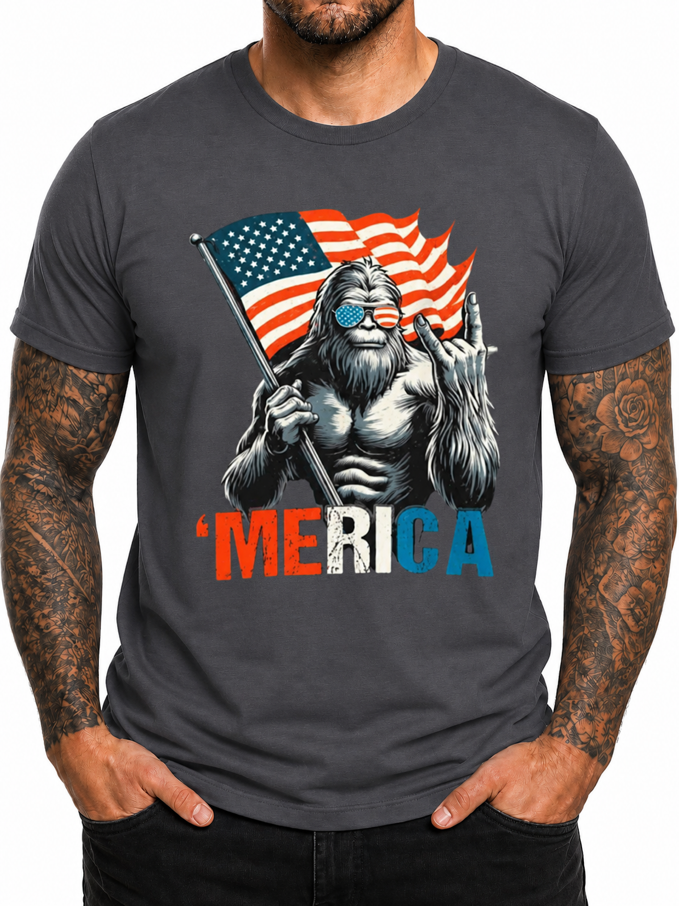 Funny Bigfoot ’Merica American Flag Patriotic Sasquatch 4th of July T-Shirt color preview 3