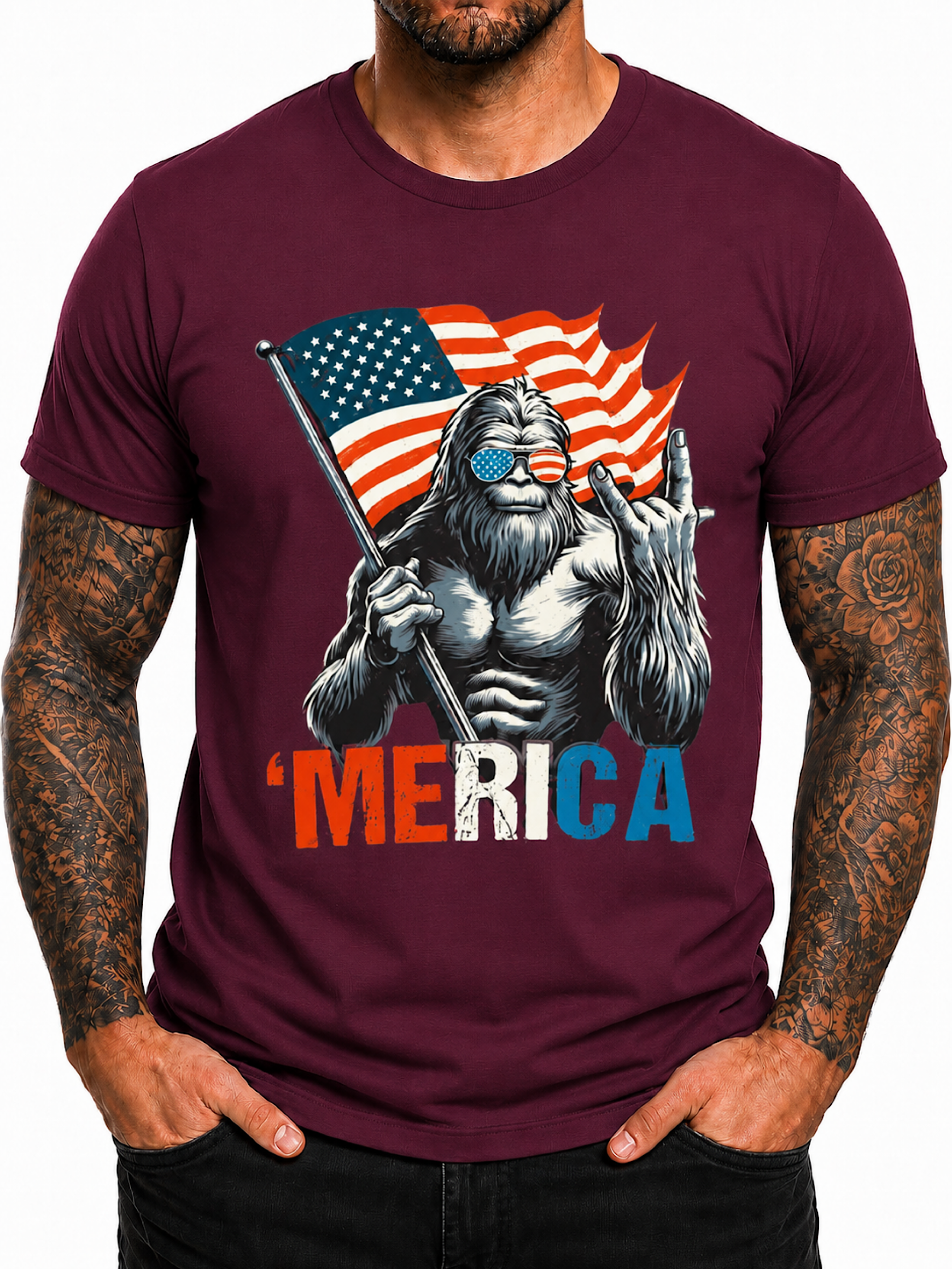 Funny Bigfoot ’Merica American Flag Patriotic Sasquatch 4th of July T-Shirt color preview 4