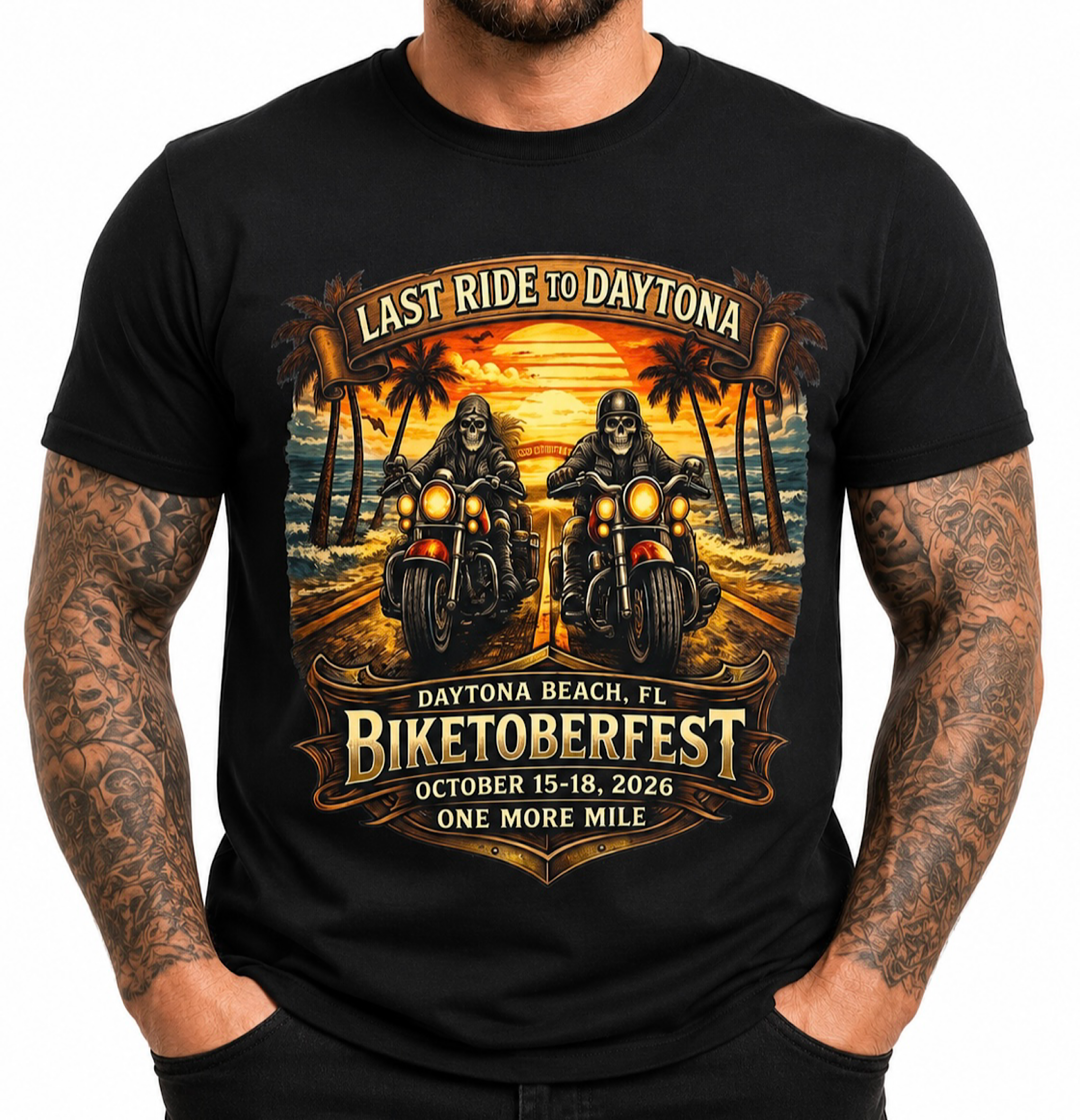 Last Ride To Daytona Biketoberfest 2026 Shirt Daytona Beach FL Motorcycle artwork detail
