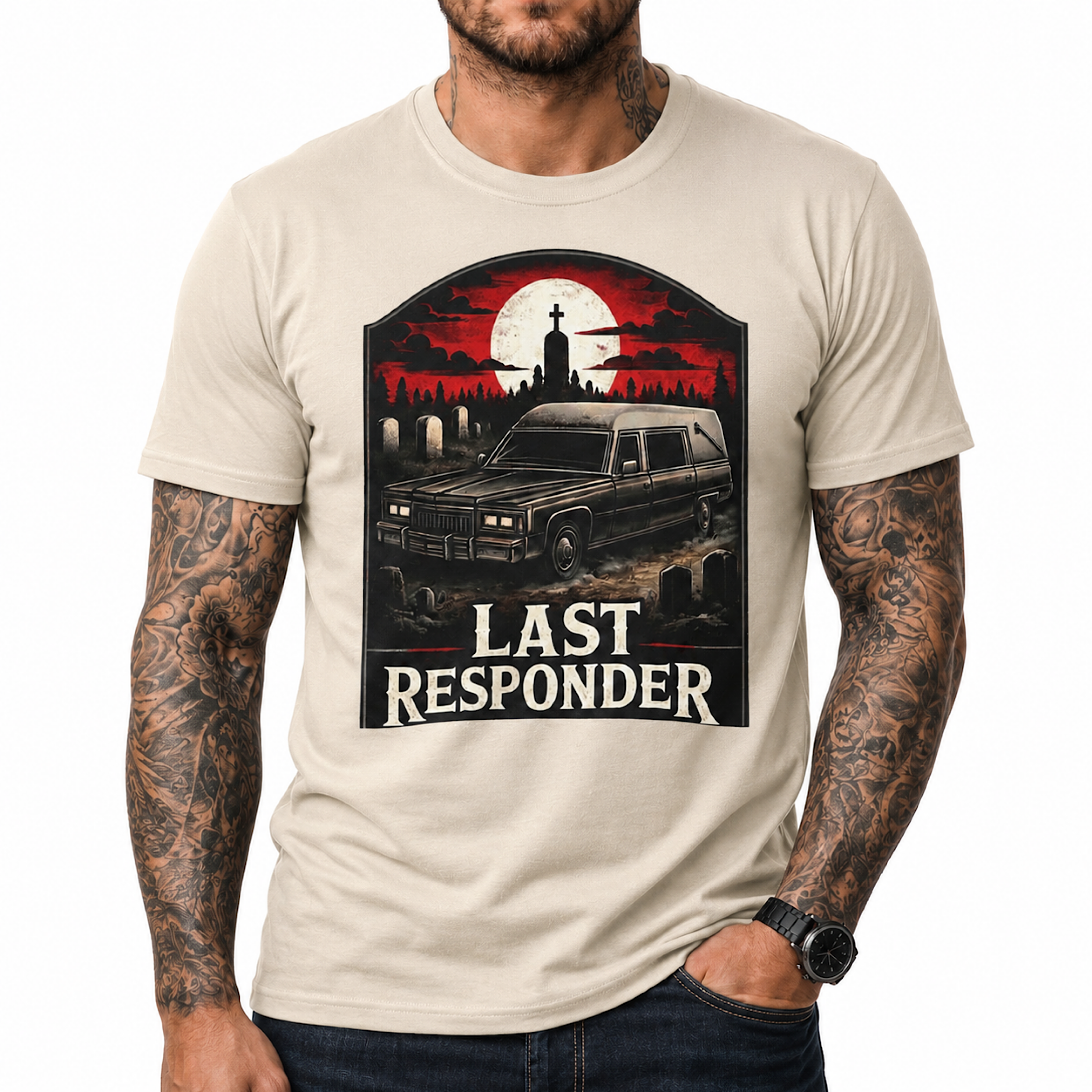 Last Responder Hearse Shirt Halloween Funeral Director Goth Cemetery Tee color preview 3