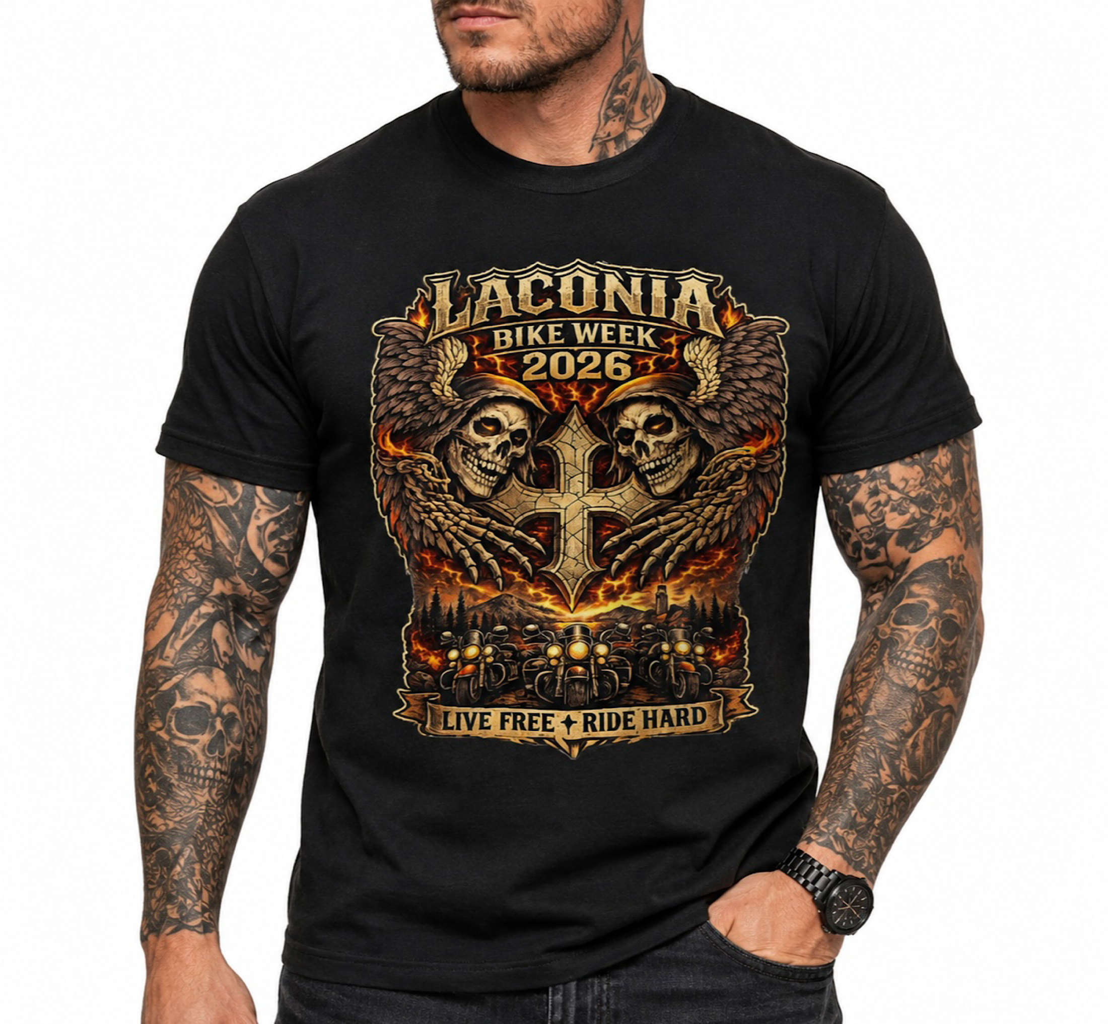 Laconia Bike Week 2026 Skull Biker Shirt Live Free Ride Hard Weirs Beach T color preview 2