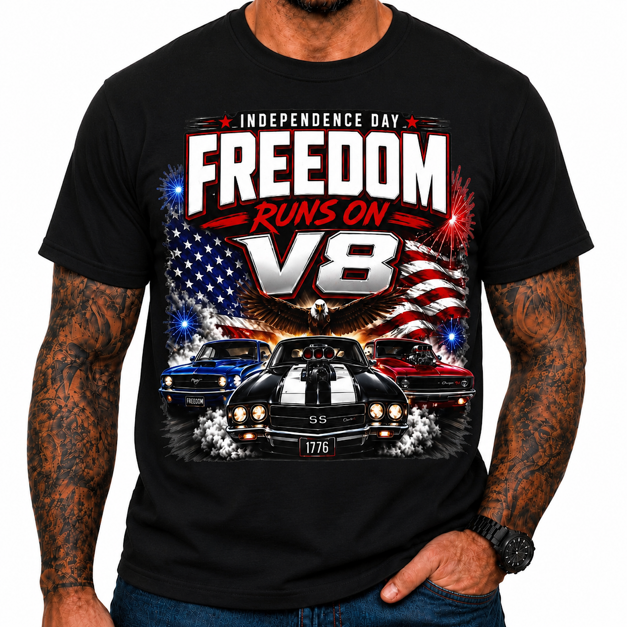 American Muscle Car Freedom Runs on V8 Patriotic July 4th Shirt color preview 2