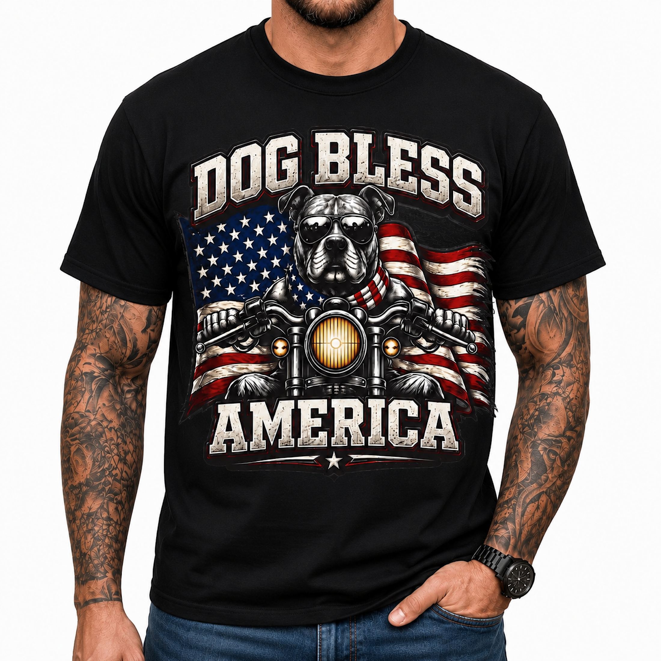 Dog Bless America Pit Bull Patriotic USA Dog Lover Motorcycle Shirt color preview 2