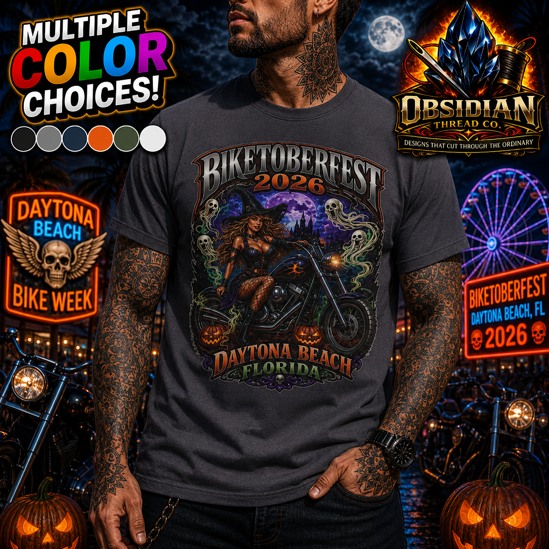 Biketoberfest 2026 Shirt Halloween Witch Daytona Beach Florida Biker Tee USA color preview 2