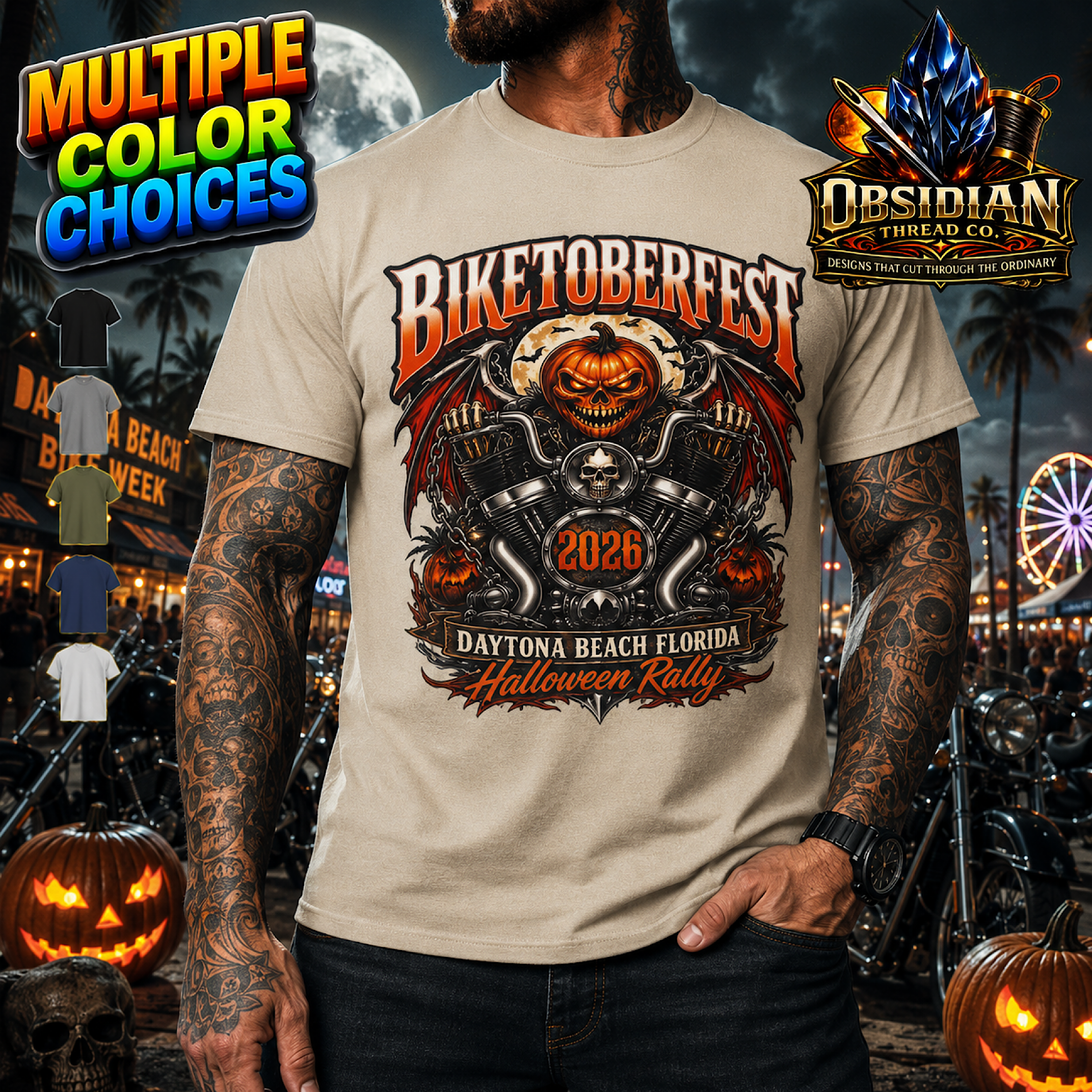 Biketoberfest 2026 Shirt Halloween Skull Daytona Beach Florida Biker Tee USA color preview 3