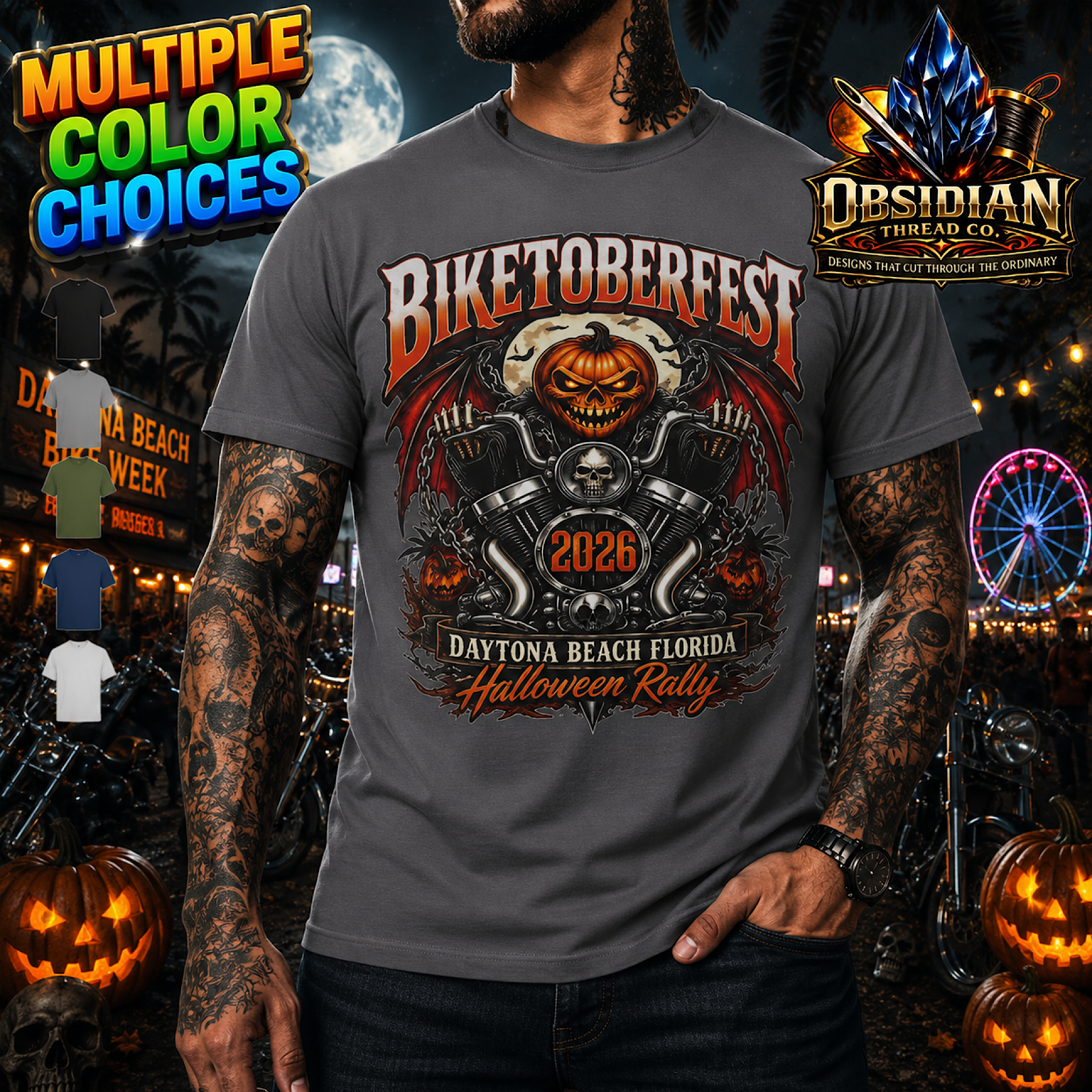 Biketoberfest 2026 Shirt Halloween Skull Daytona Beach Florida Biker Tee USA color preview 2