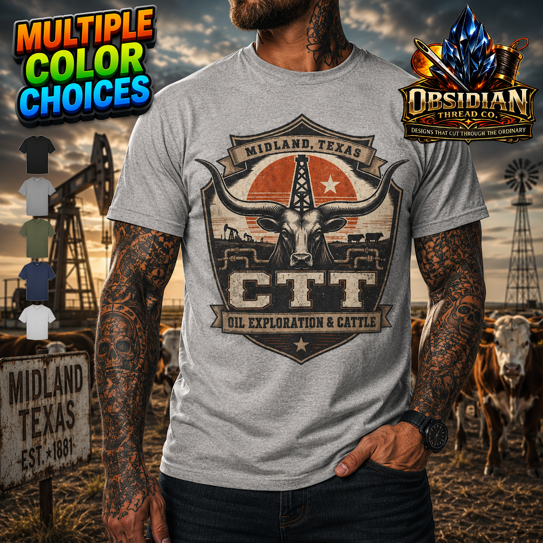 CTT Oil Exploration &amp; Cattle Texas Landman M-Tex Oil Company Patch T-Shirt color preview 4