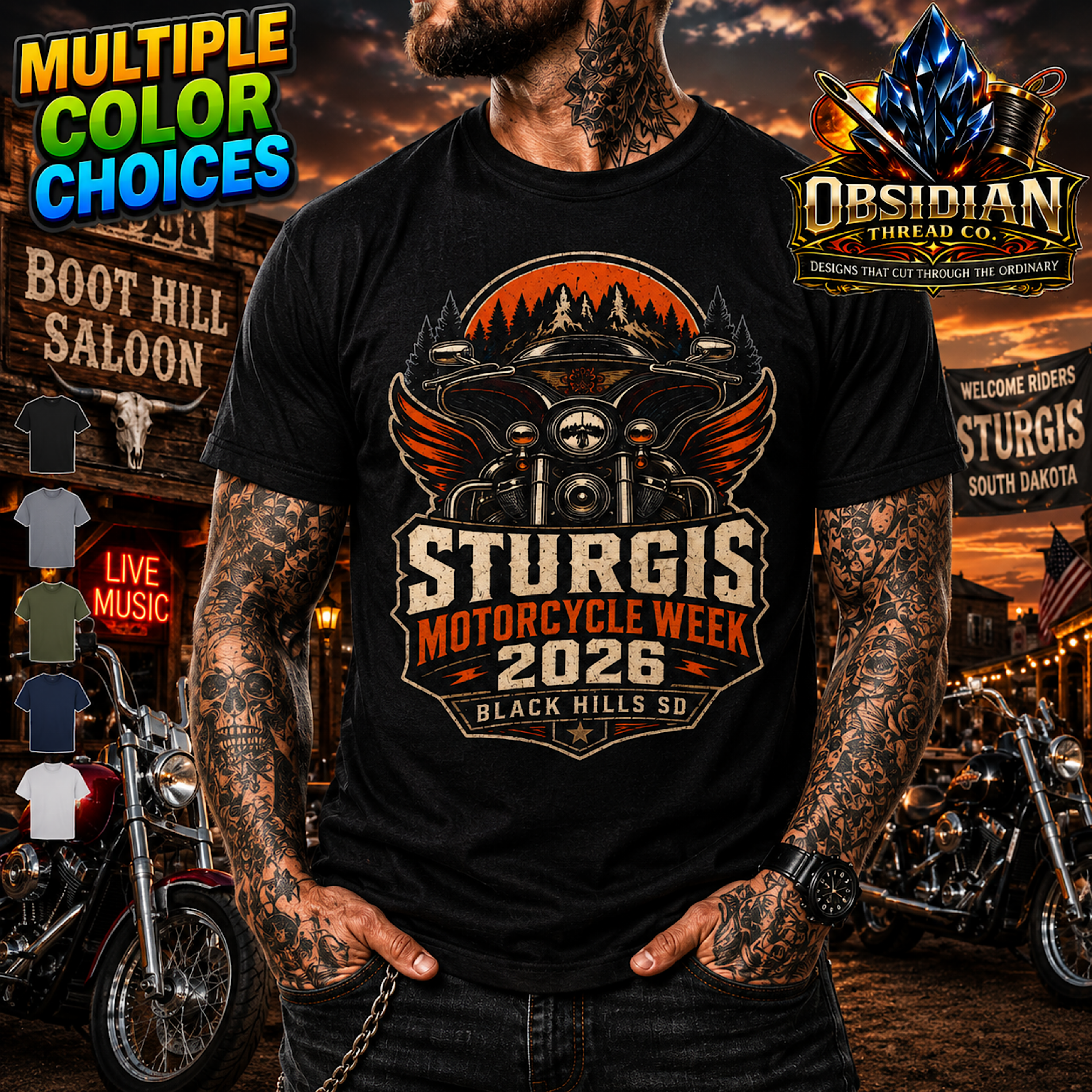 Sturgis Motorcycle Week 2026 Shirt Black Hills SD Biker Rally Saloon Tee No HD color preview 3