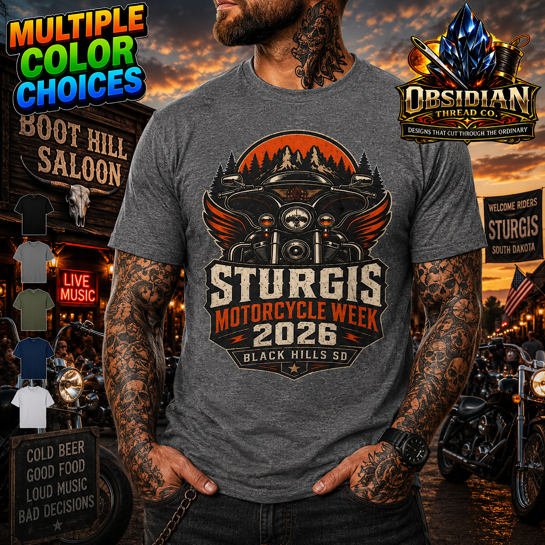 Sturgis Motorcycle Week 2026 Shirt Black Hills SD Biker Rally Saloon Tee No HD color preview 4