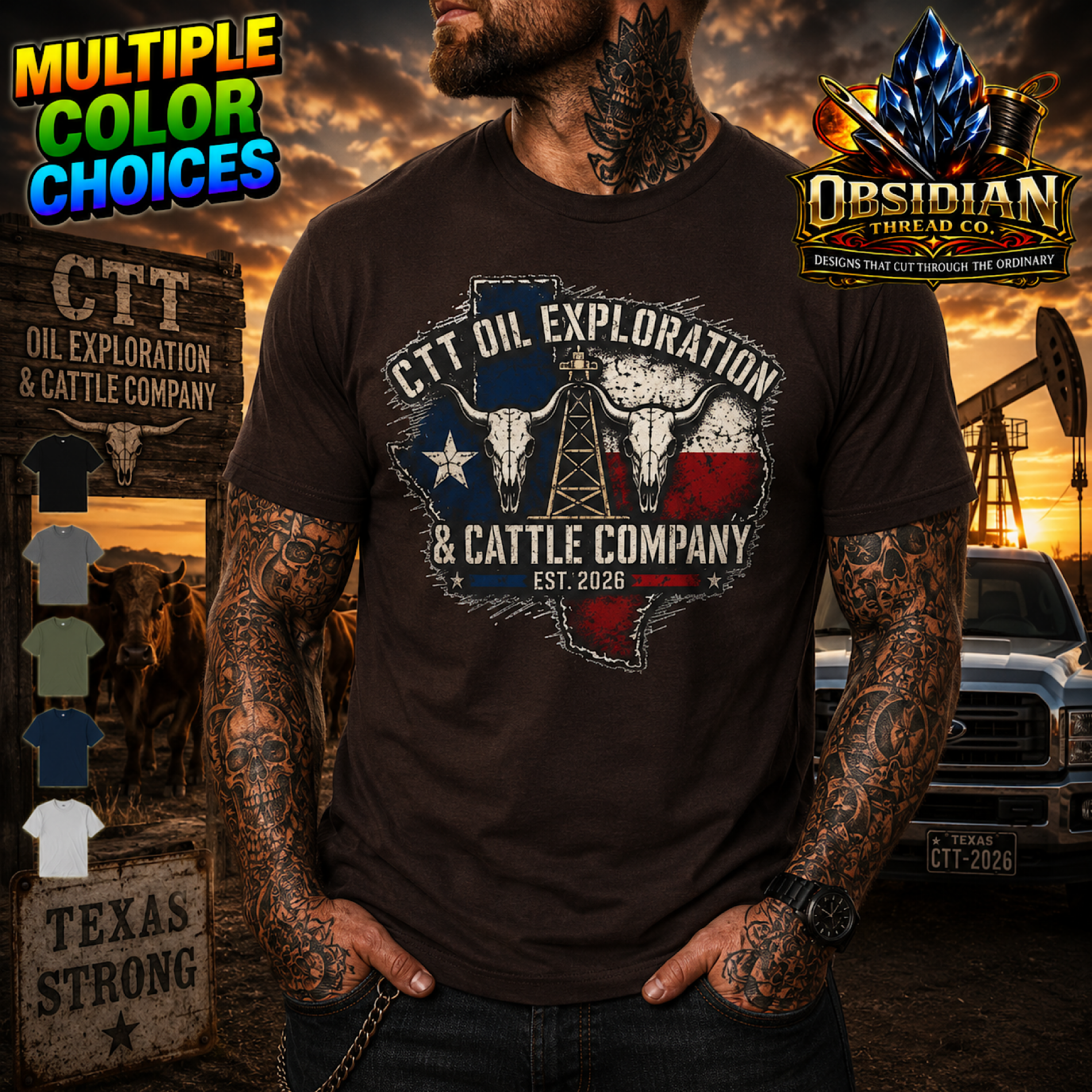 CTT Oil Exploration &amp; Cattle Texas Landman M-Tex Patch Cafe T-Shirt color preview 2