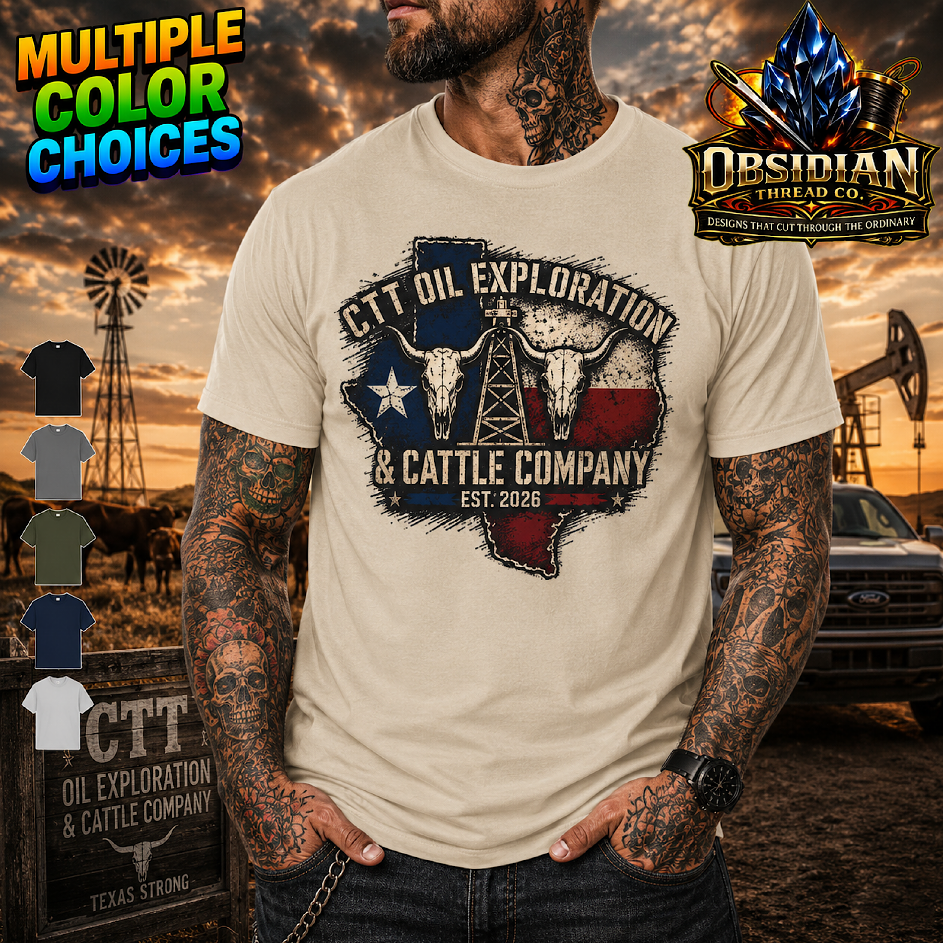 CTT Oil Exploration &amp; Cattle Texas Landman M-Tex Patch Cafe T-Shirt color preview 4