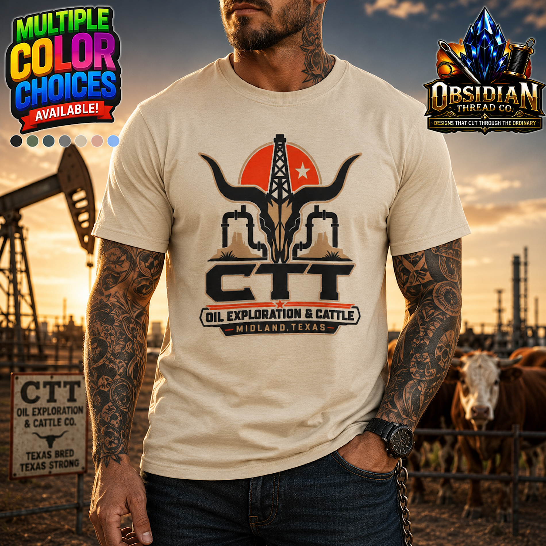 CTT Oil Exploration &amp; Cattle Texas Landman M-Tex Oil Company Patch Cafe T-Shirt color preview 3
