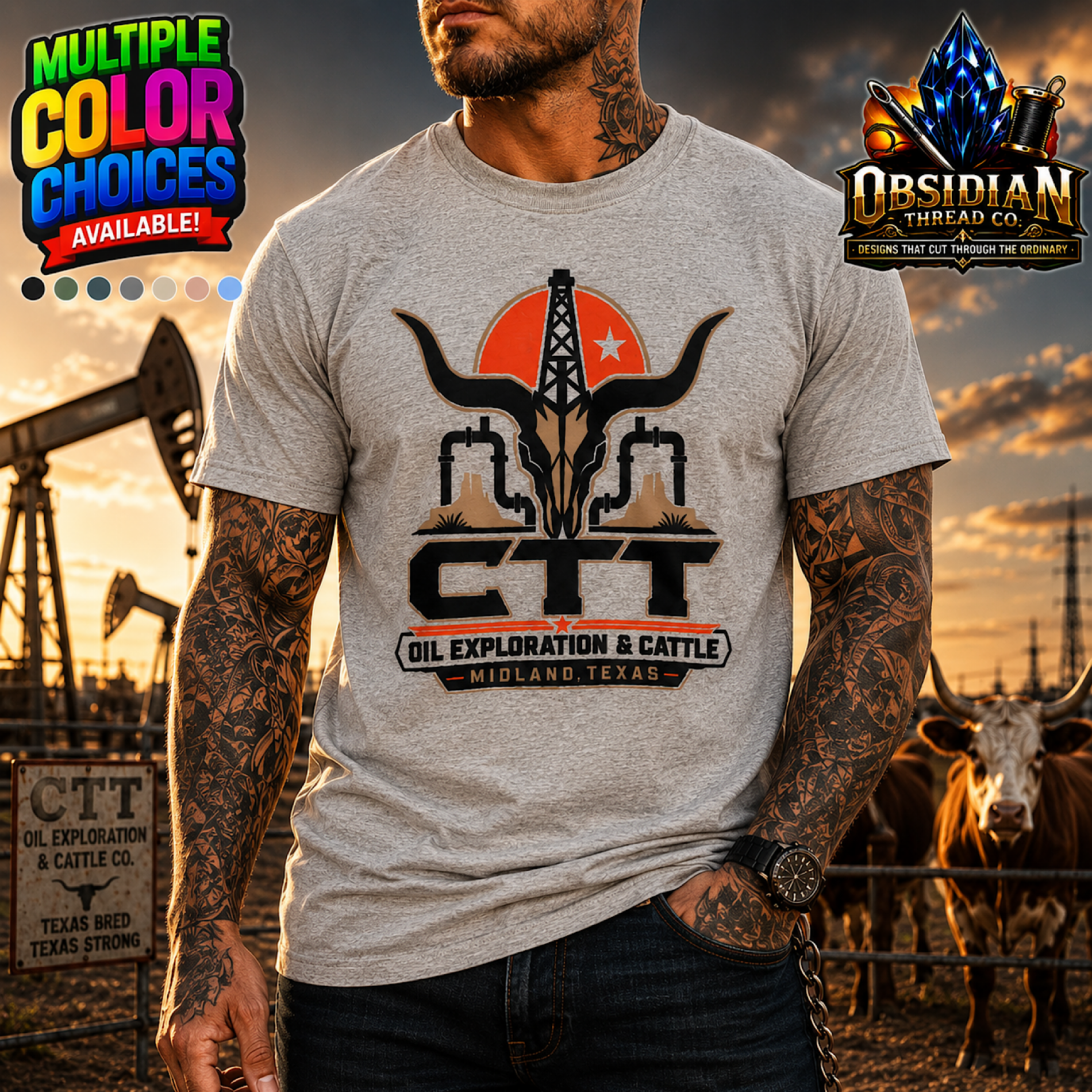 CTT Oil Exploration &amp; Cattle Texas Landman M-Tex Oil Company Patch Cafe T-Shirt color preview 4