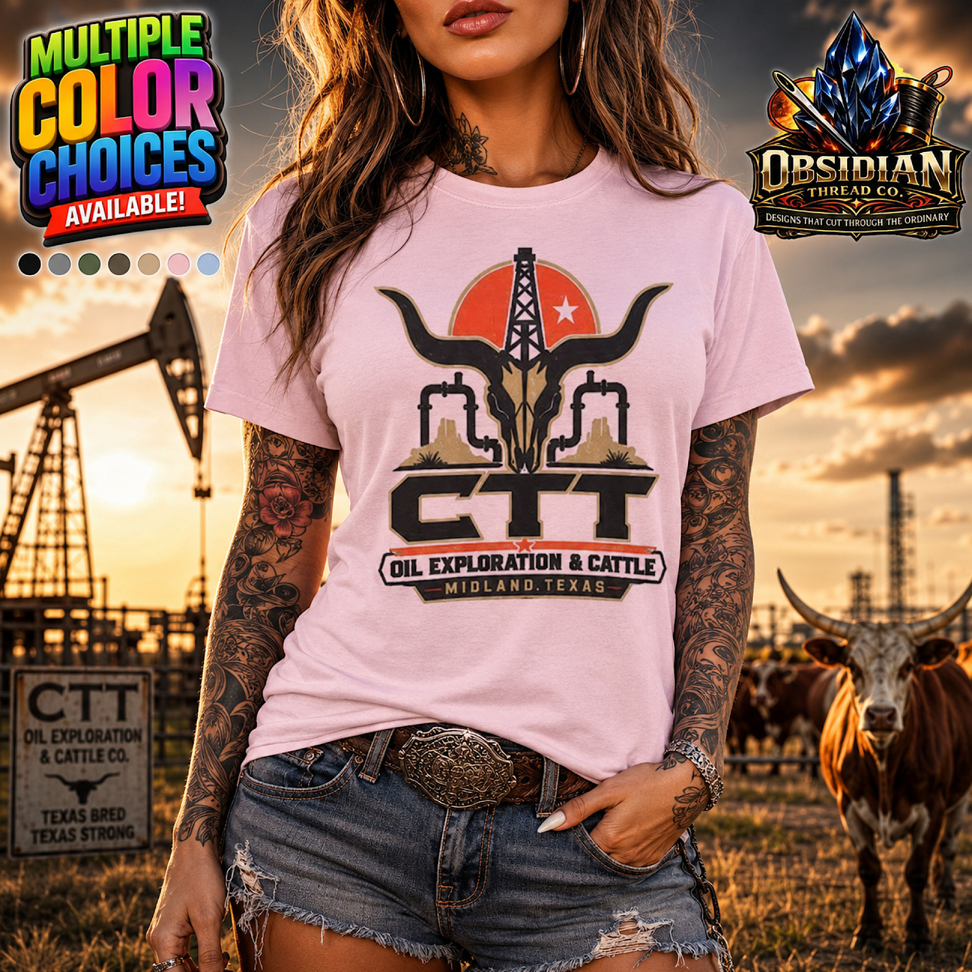 CTT Oil Exploration &amp; Cattle Texas Landman M-Tex Oil Company Patch Cafe T-Shirt color preview 2