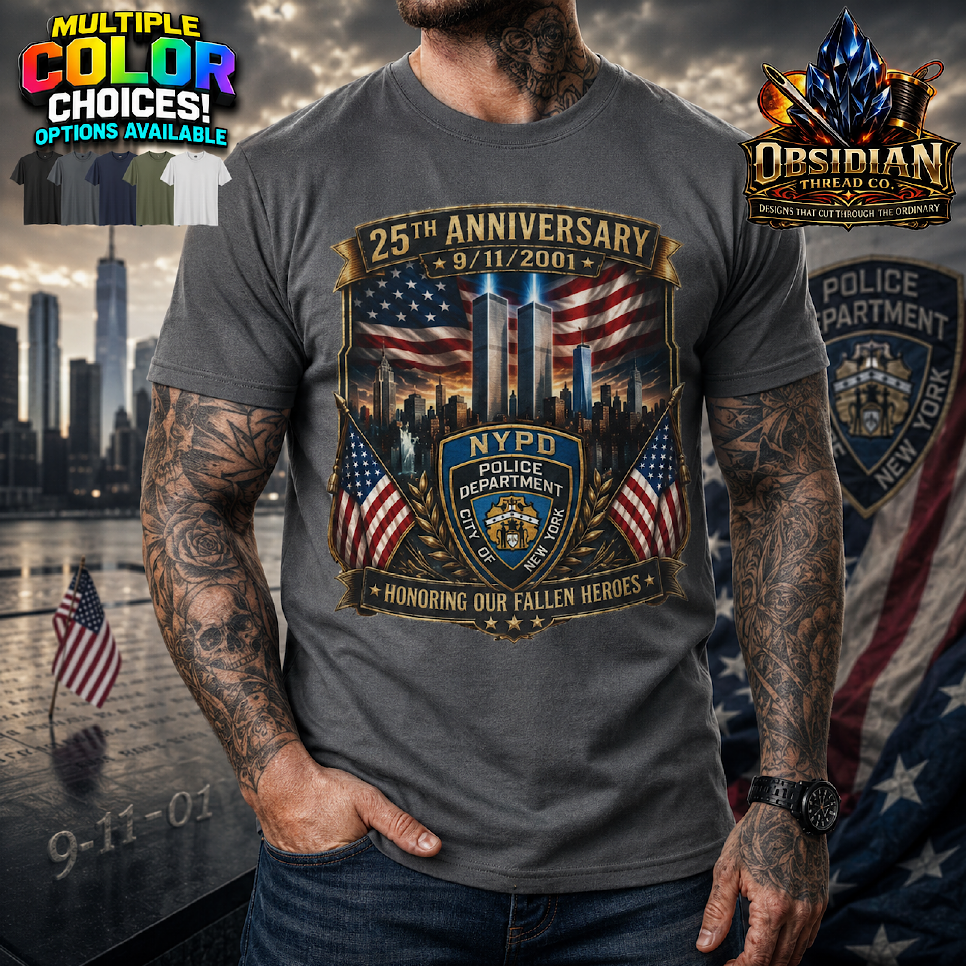 NYPD 9/11 25th Anniversary Shirt Never Forget Fallen Heroes Memorial Tribute color preview 2