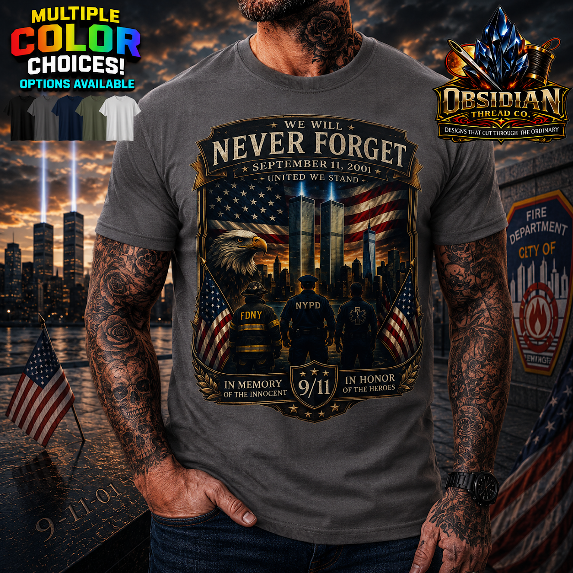 Never Forget 9/11 Shirt FDNY NYPD EMS Twin Towers Patriot Day Memorial Tee USA color preview 2
