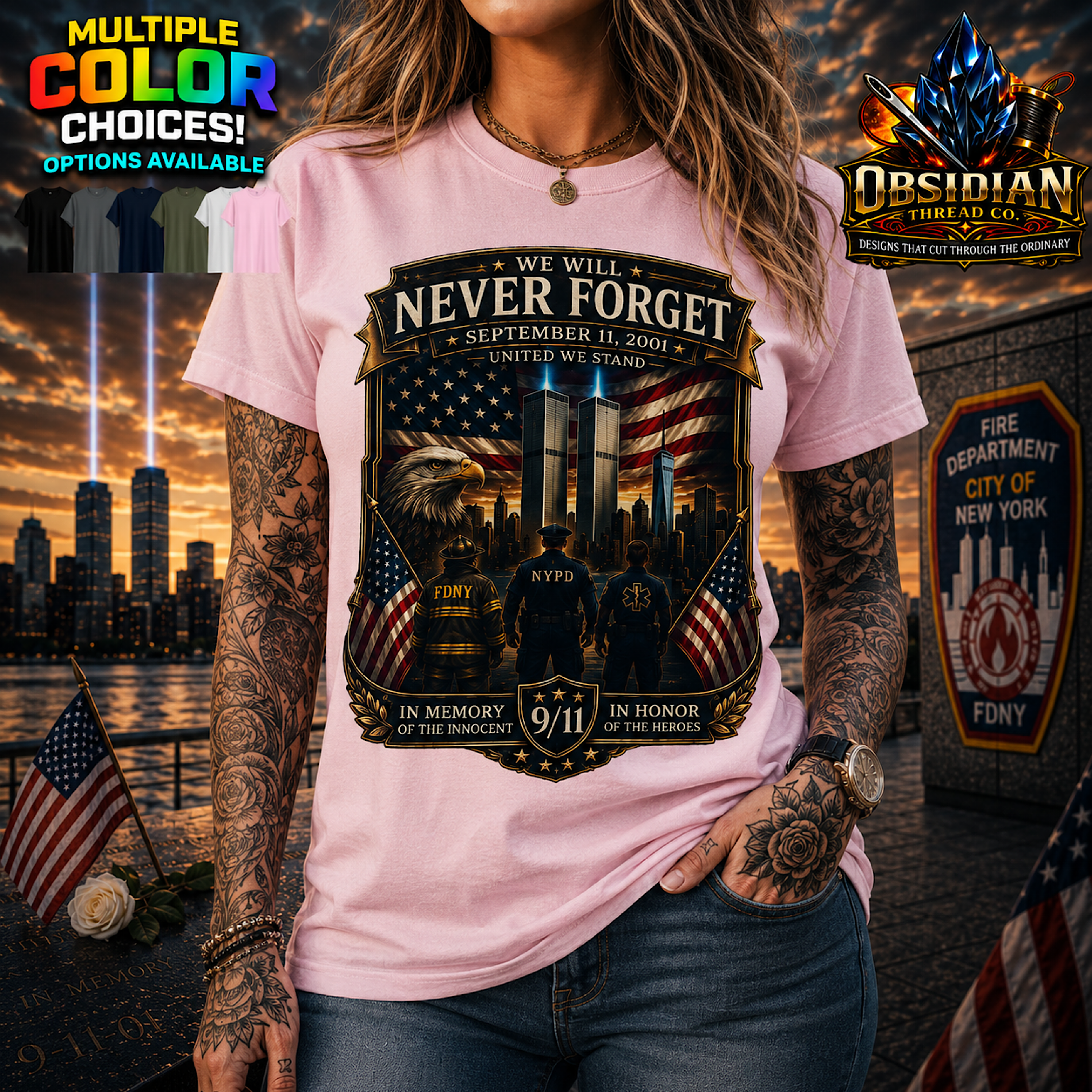 Never Forget 9/11 Shirt FDNY NYPD EMS Twin Towers Patriot Day Memorial Tee USA color preview 3