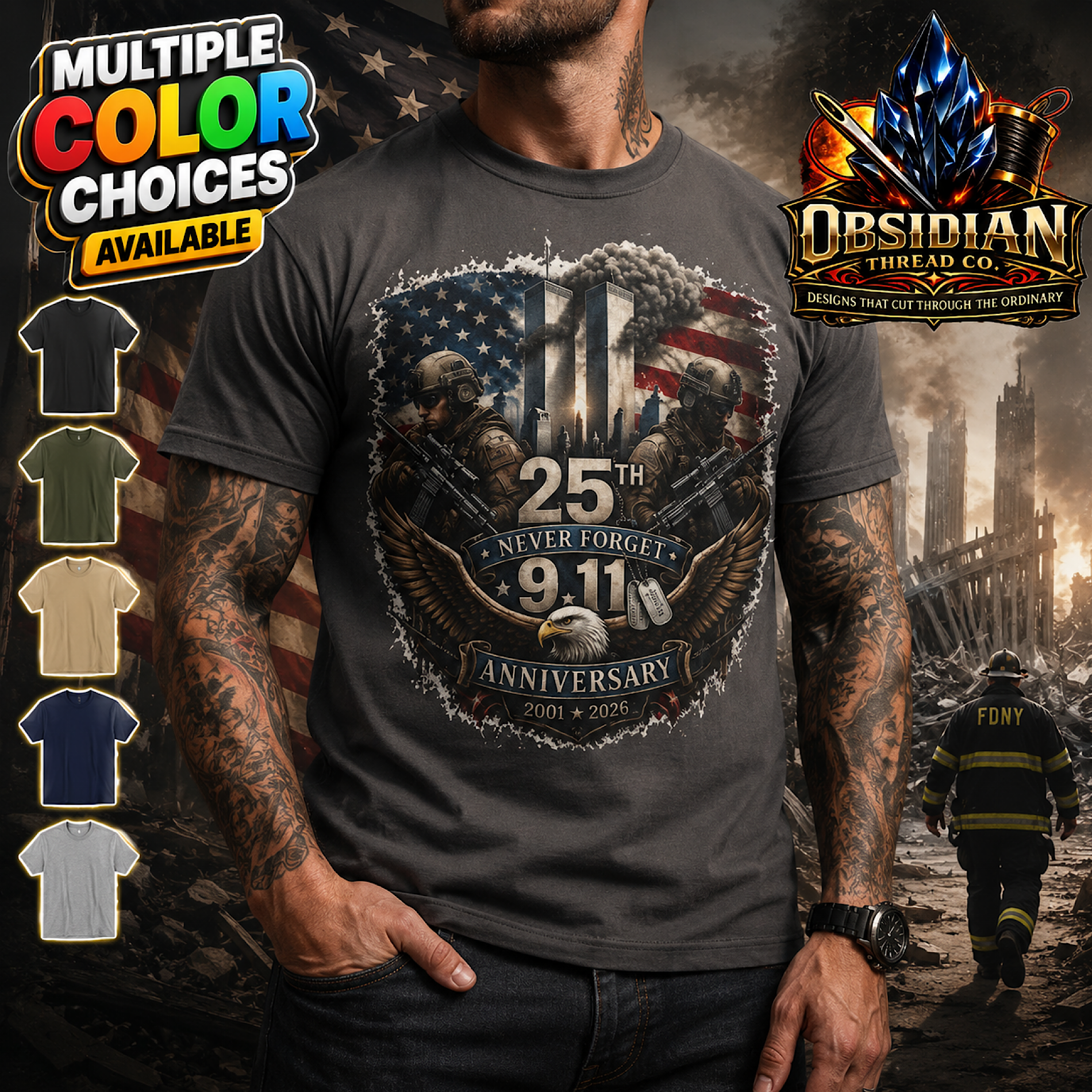9/11 25th Anniversary Shirt Never Forget Patriotic First Responder Memorial Tee color preview 2