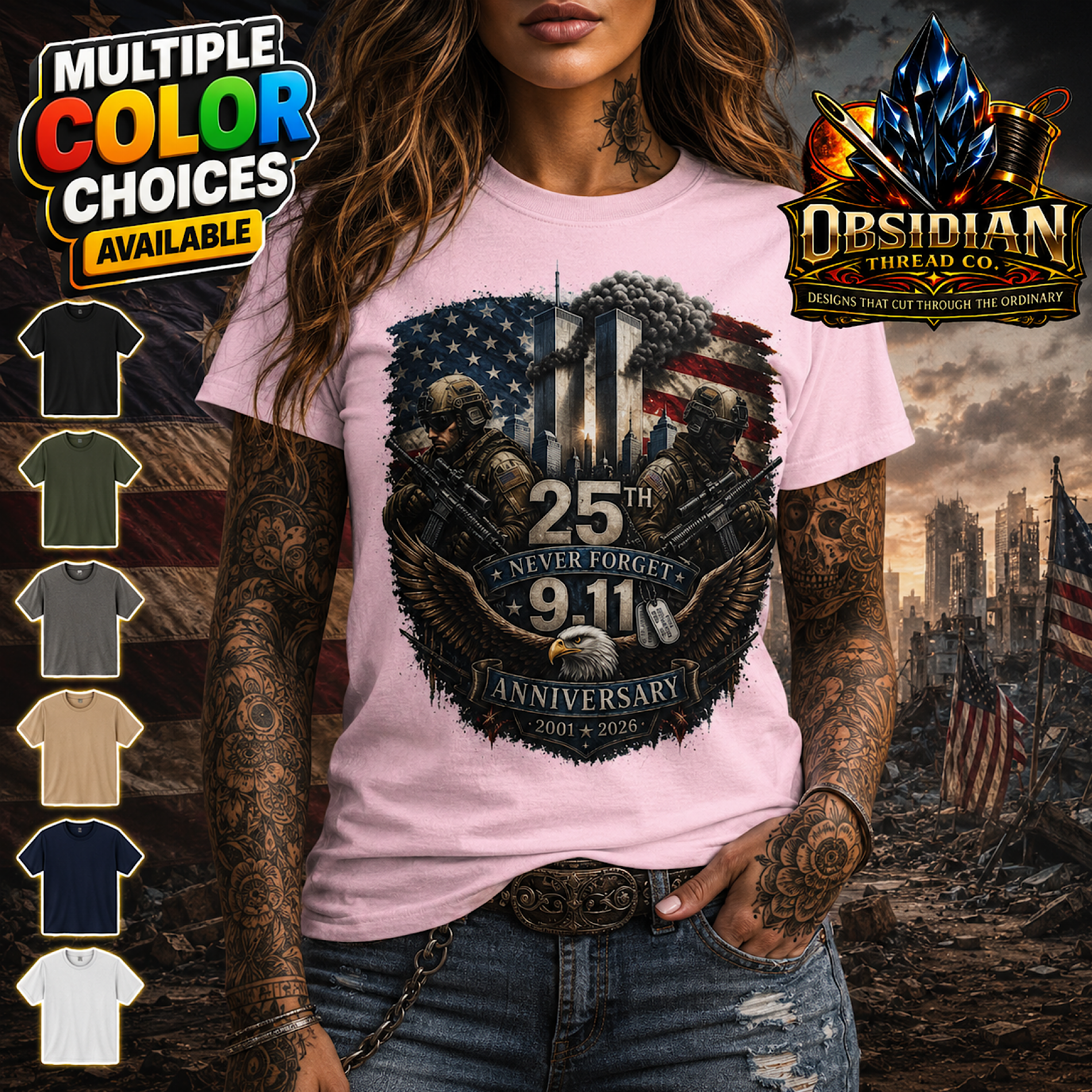 9/11 25th Anniversary Shirt Never Forget Patriotic First Responder Memorial Tee color preview 3