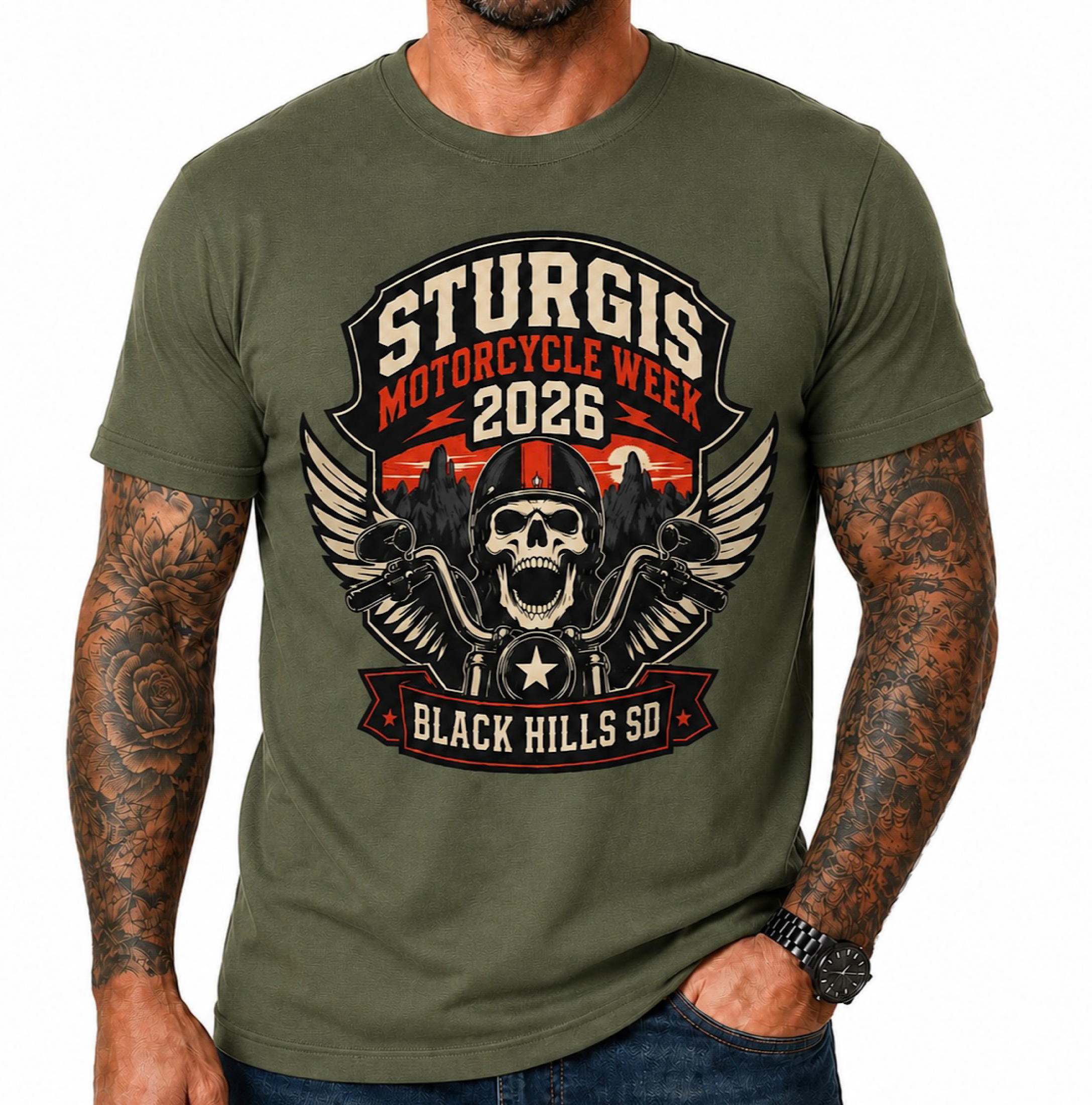Sturgis South Dakota Motorcycle Week 2026 Skull Biker Rally T-Shirt artwork detail