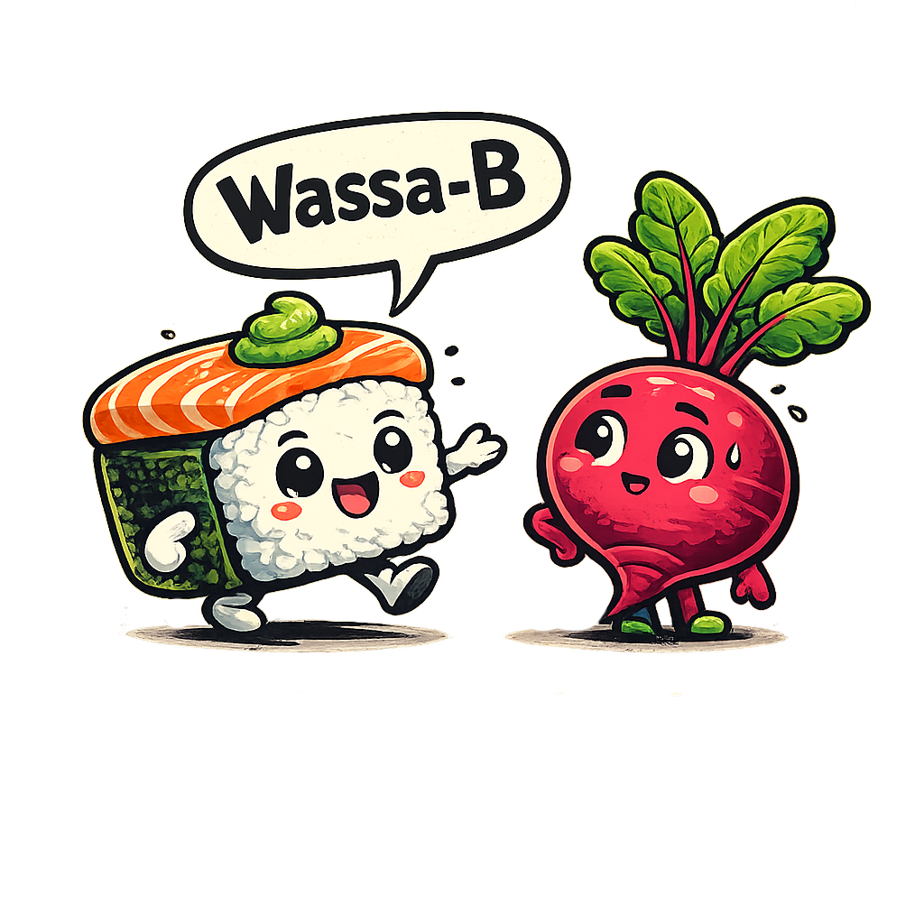Sushi and Beet Cartoon Tee — “Wassa-B” Fresh Spicy Awkward Graphic T-Shirt
