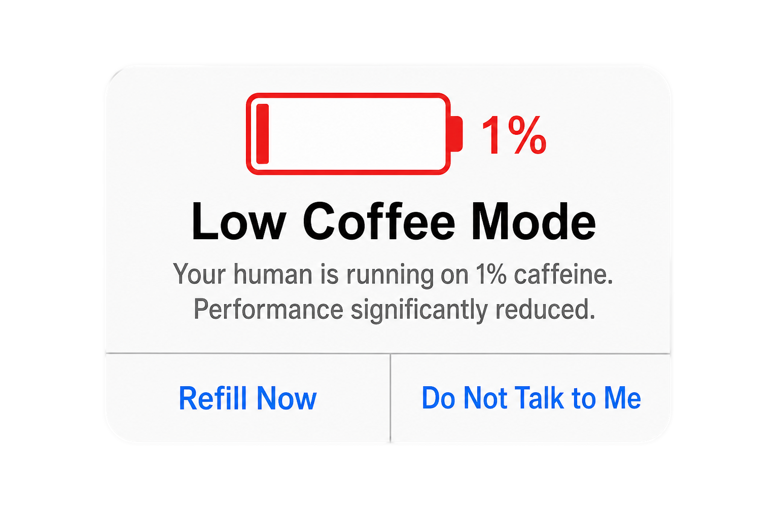 Low Coffee Mode T-Shirt — Funny Battery Meter Coffee Tee